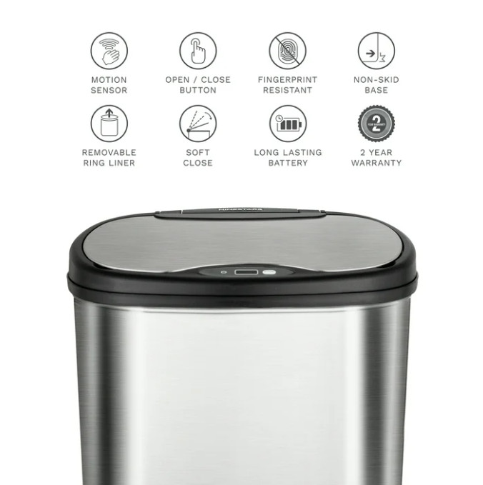 Nine Stars 13 Gallon Automatic Touchless Kitchen Trash Can, Stainless Steel