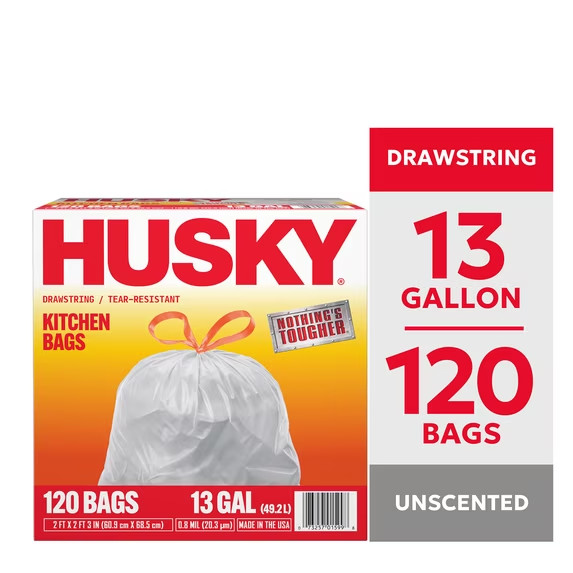 Husky 13 Gallon Tall Kitchen Drawstring Bags, 120 Bags New