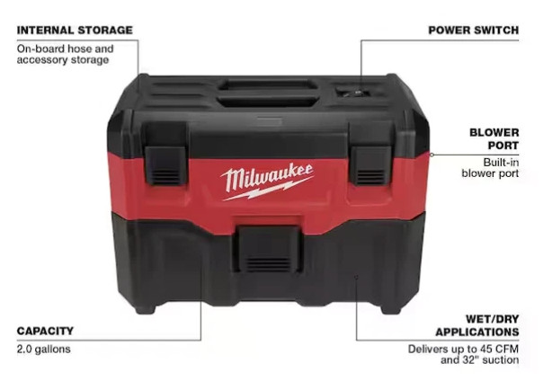 Milwaukee 0880-20 M18 18 Volt Cordless 2 gal Wet/Dry Vacuum Tool Vacuum Only NEW