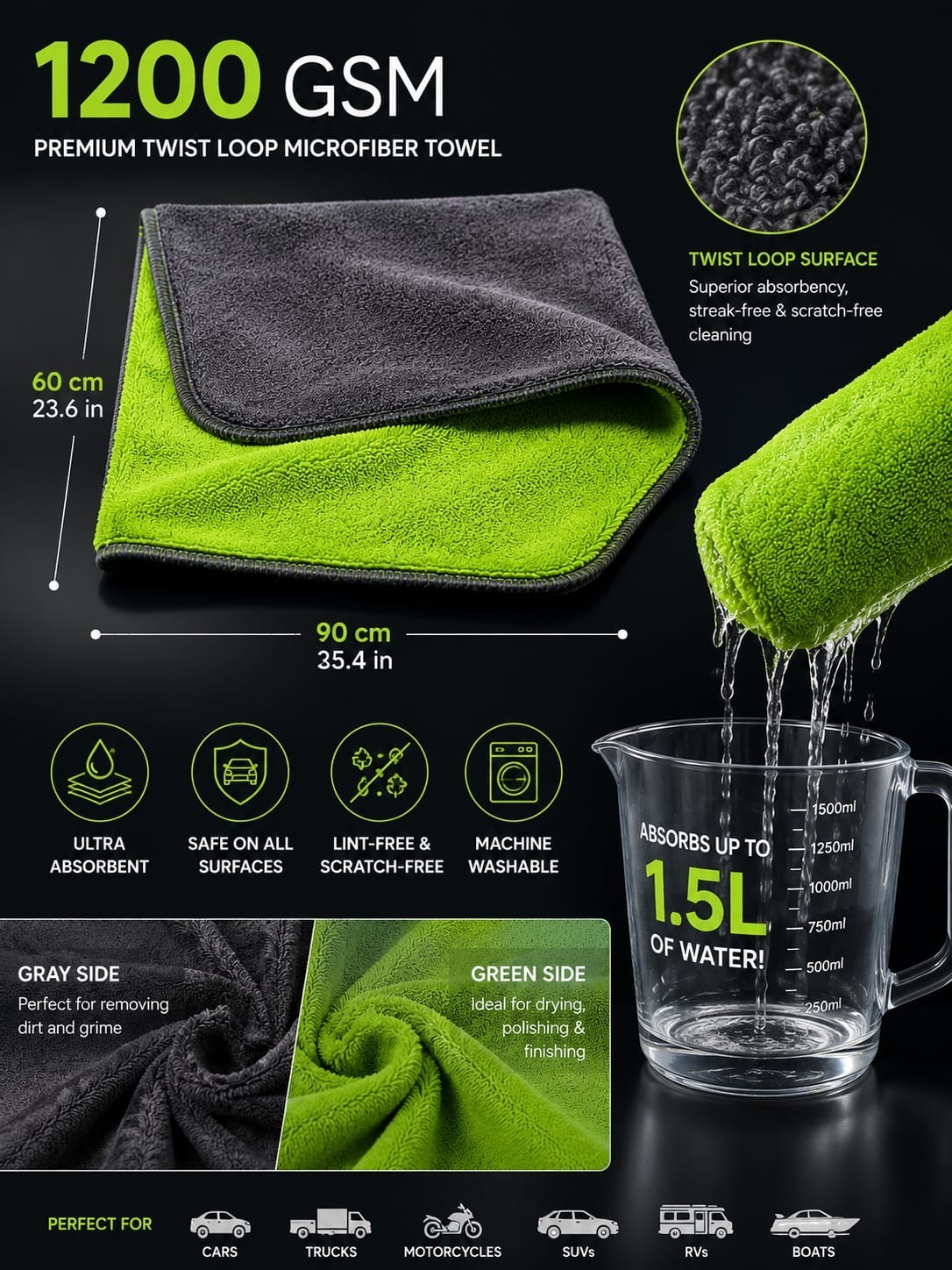 1200 GSM Twist Loop Microfiber Drying Towel for Cars – 60 x 90 cm, Ultra