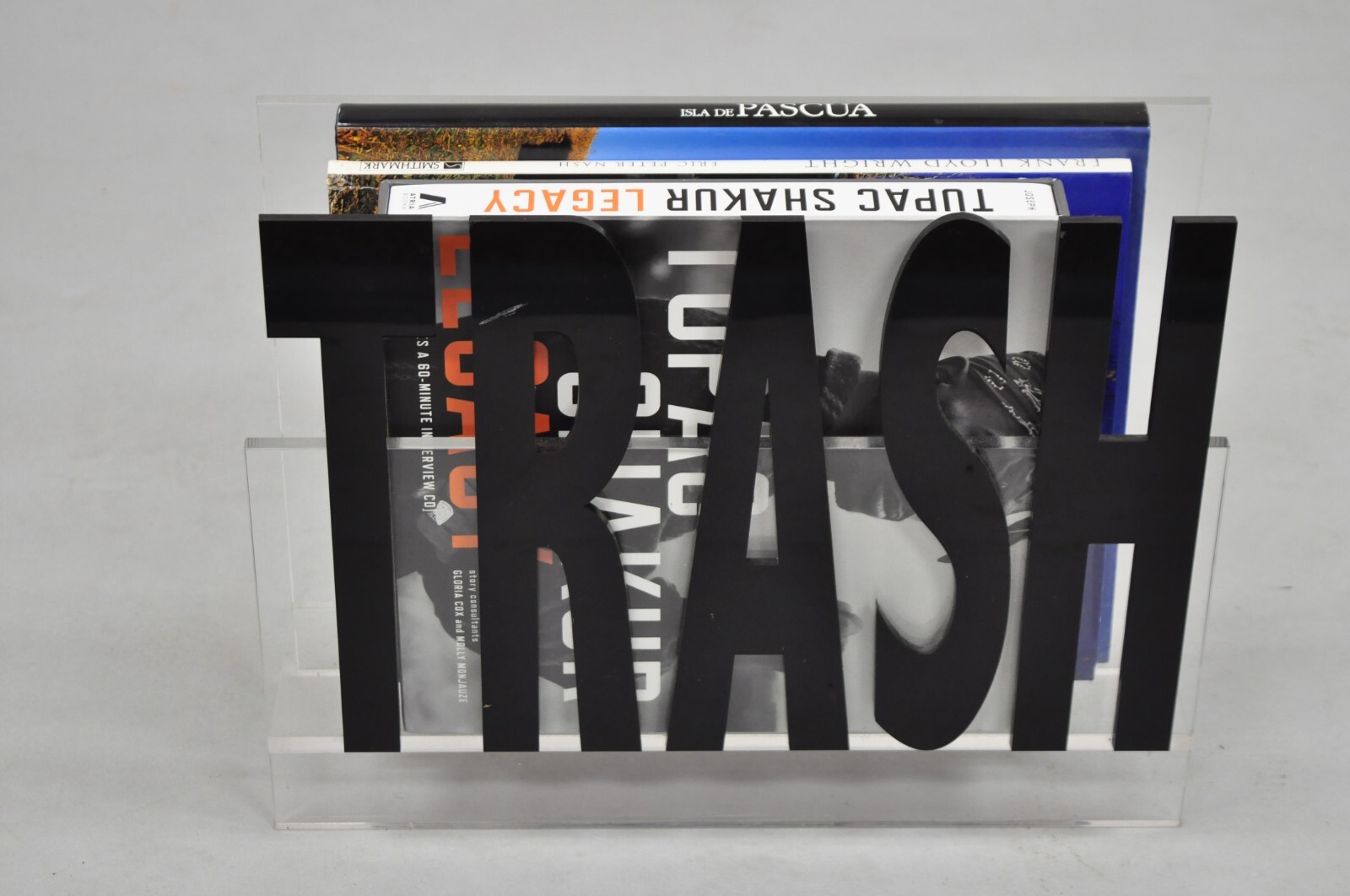 Vintage Mid Century Modern Pop Art “Trash” Lucite Acrylic Magazine Rack Stand