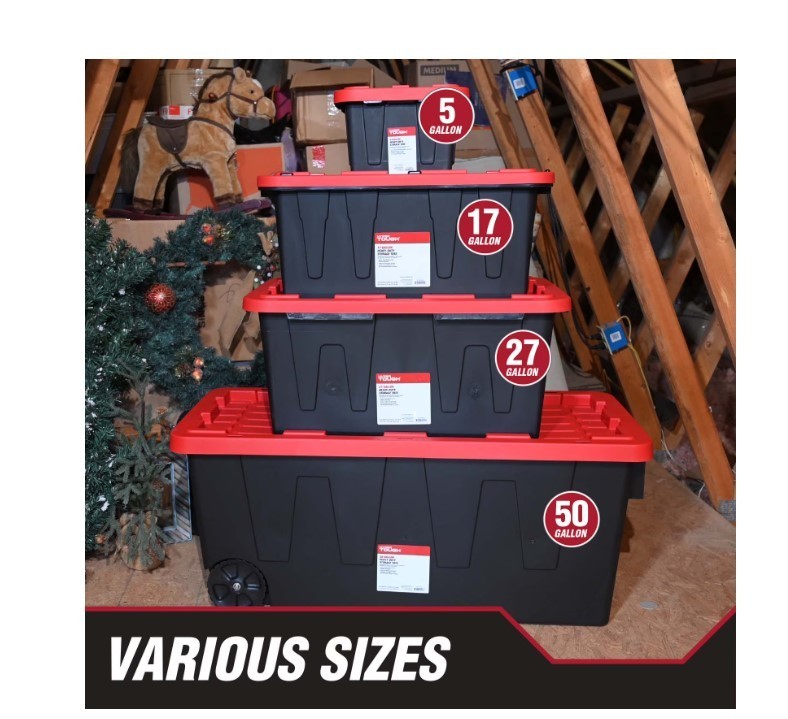 4 Pack Hyper Tough 27 Gal Storage Tote Snap Lid Container Red Lid