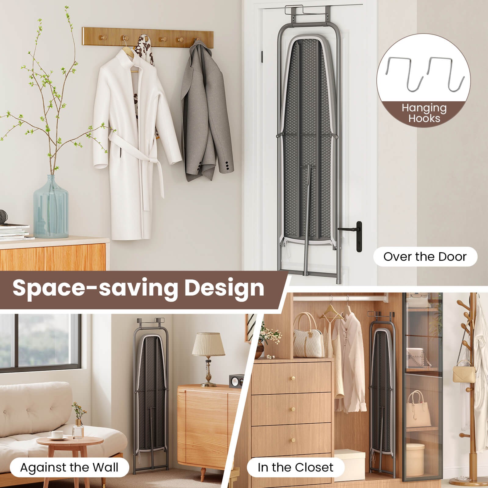 Space-Saving Over the Door Ironing Board w/ Iron Holder & Cotton Cover Gray