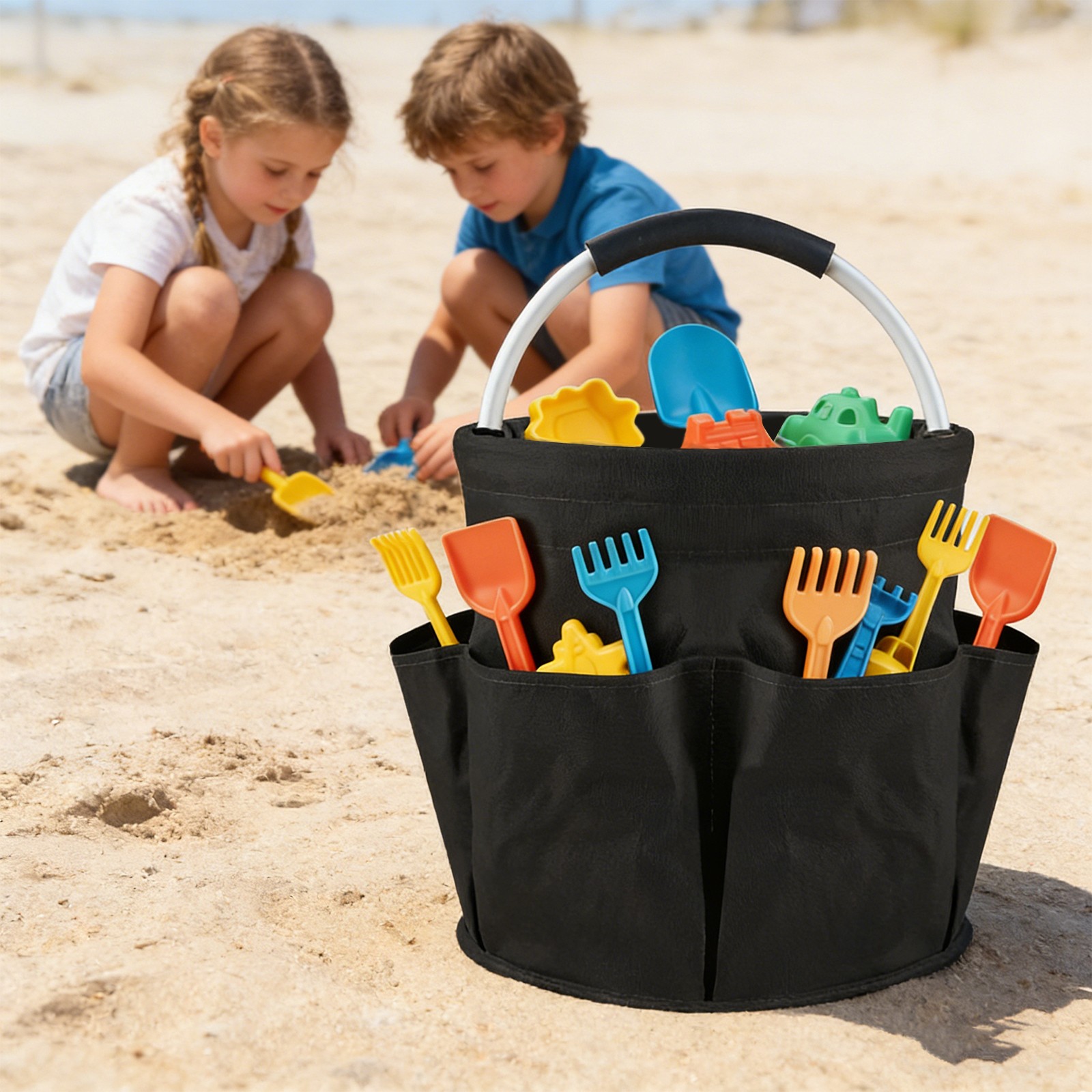 Foldable Storage Basket With Six Side Pockets And Large Central Compartment