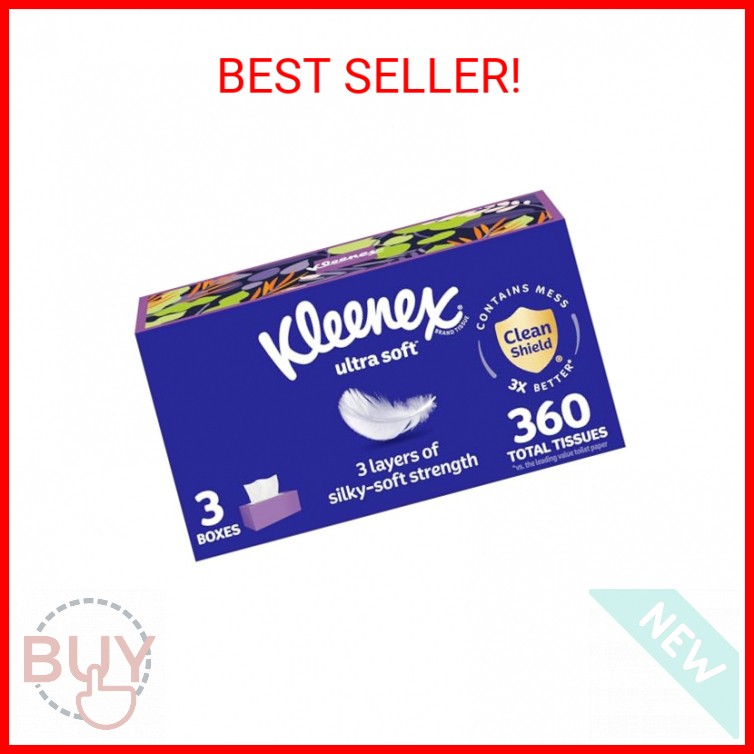Kleenex Ultra Soft Facial Tissues, 3 Flat Boxes, 120 Tissues per Box, 3-Ply (360