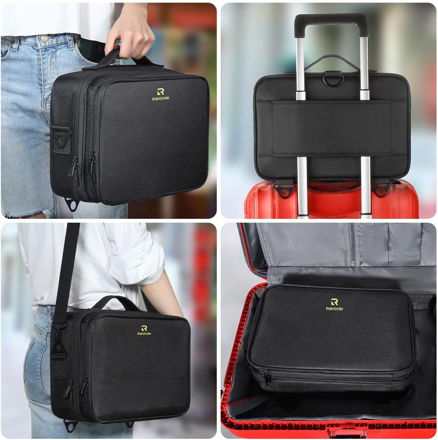Relavel Makeup Bag Travel Train Case 13.8 inches Large Medium, m Black