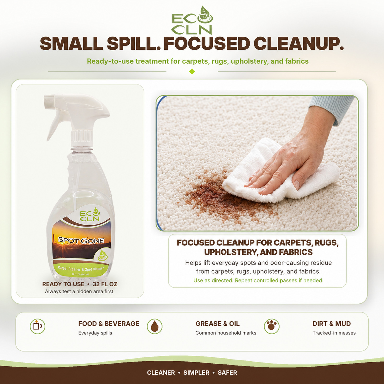 Eco Cln Spot Gone Carpet & Upholstery Stain Remover Spray 32 oz 3-Pack
