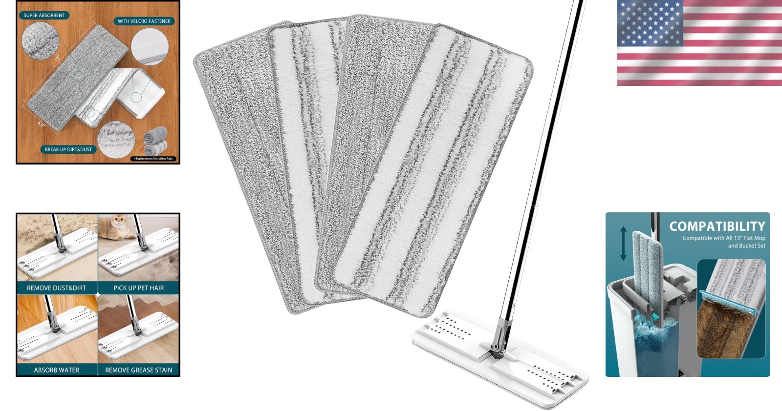 4 Pack Washable Microfiber Mop Replacement Pads for 13” X 4.9” Flat Mops