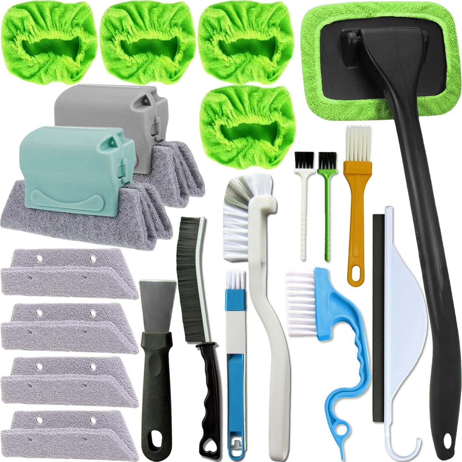 20Pcs Window Cleaning Kit – Squeegee, Brushes, Microfiber Pads for Glass & Mirro