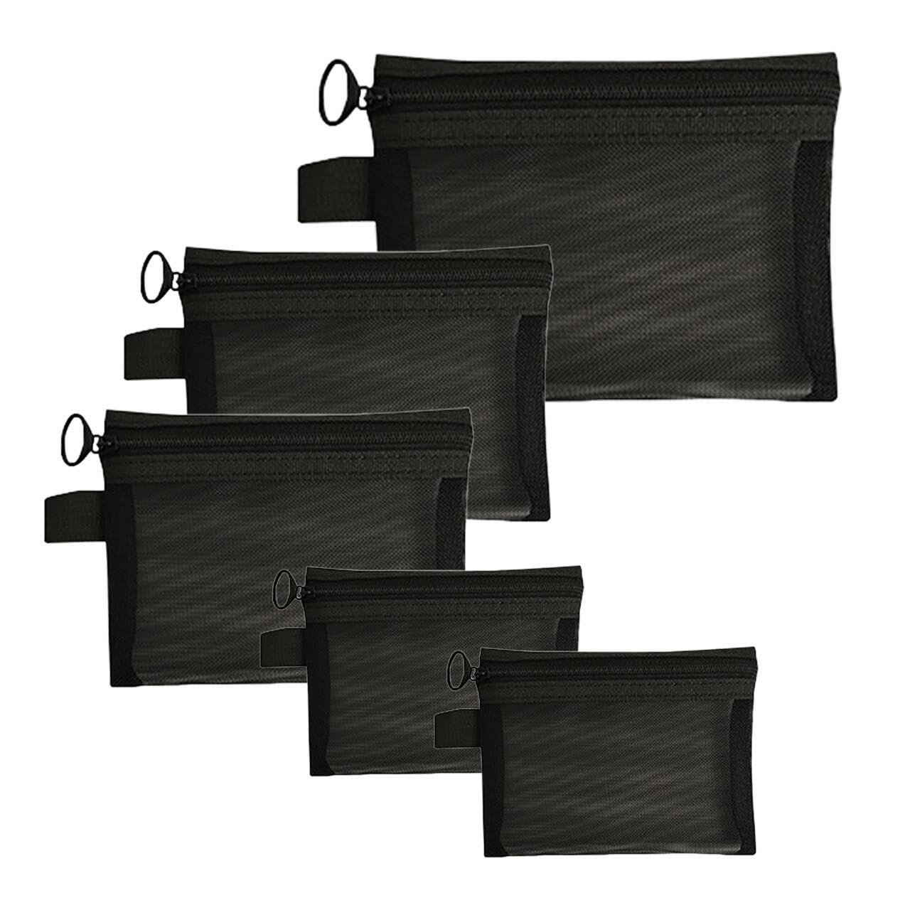 ZSlactp 5-Pack Small Mesh Zipper Pouch Bags, 9.2″ x 7″, Black Side-Pull