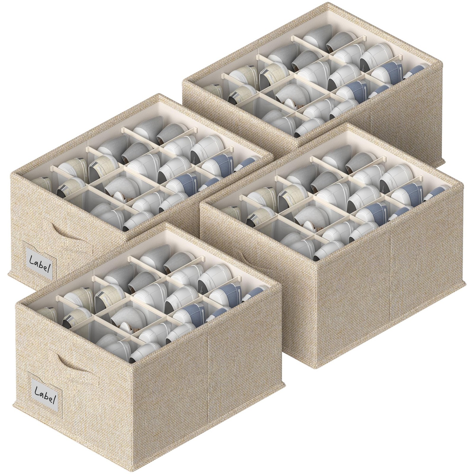 Beige Foldable Shoe Organizer Closet Storage Containers 16.5×12.6×9.5 In 4 Pack