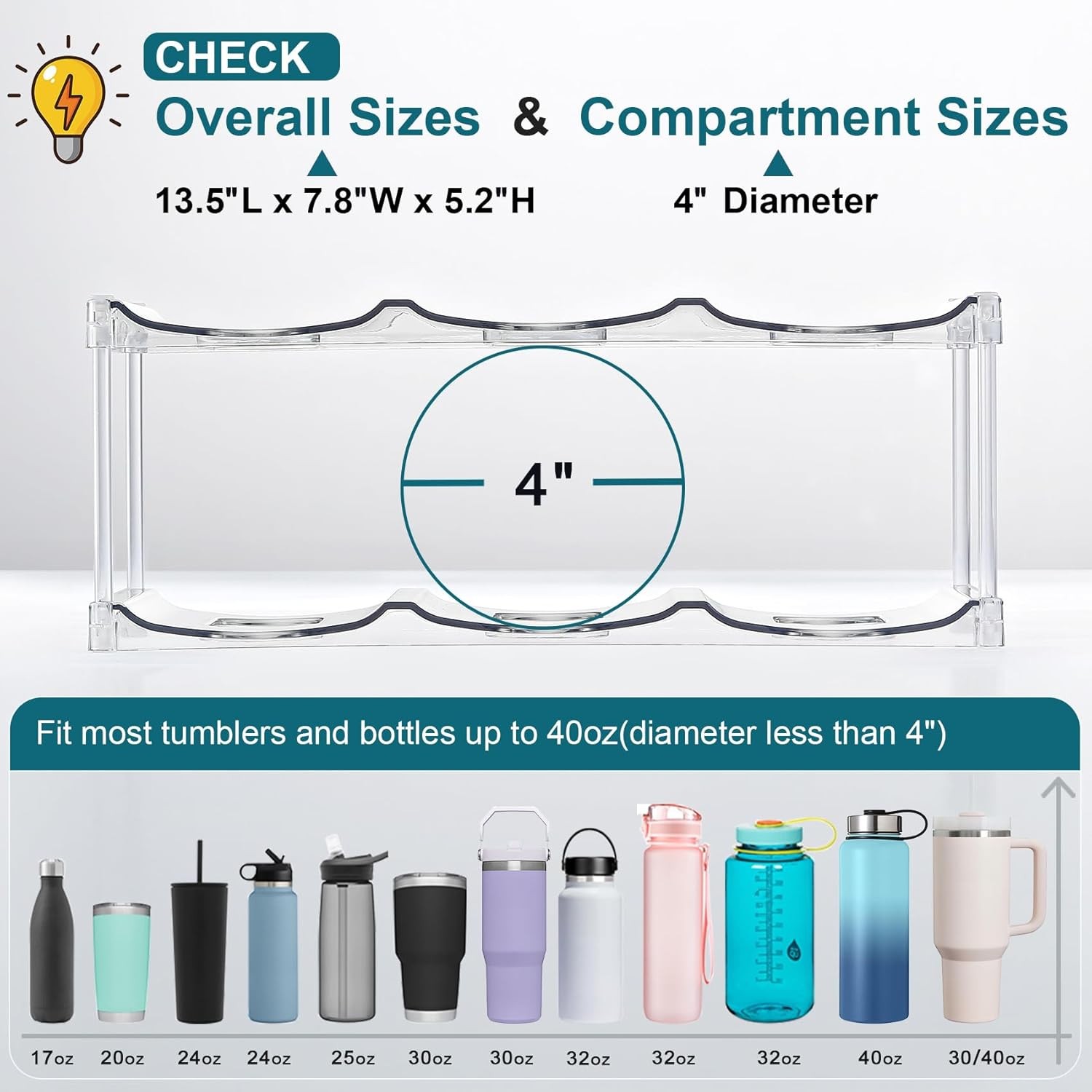Stackable Water Bottle Organizer 3 Tier Holds 9 for Stanley & Others Clear
