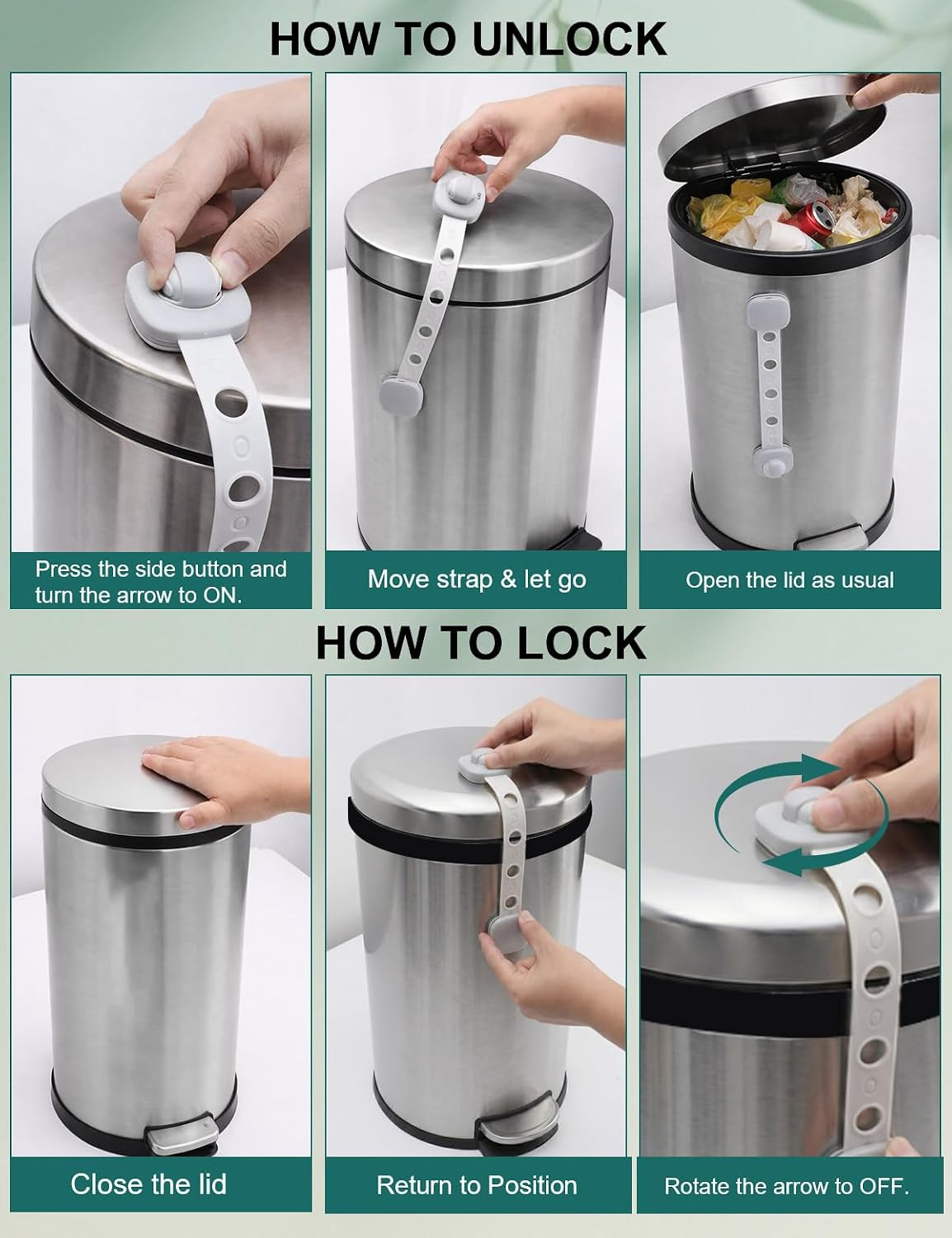 Gray Trash Can Lock Strap 2 Pack – Dual Button Child Proof Garbage Can Lid Lock