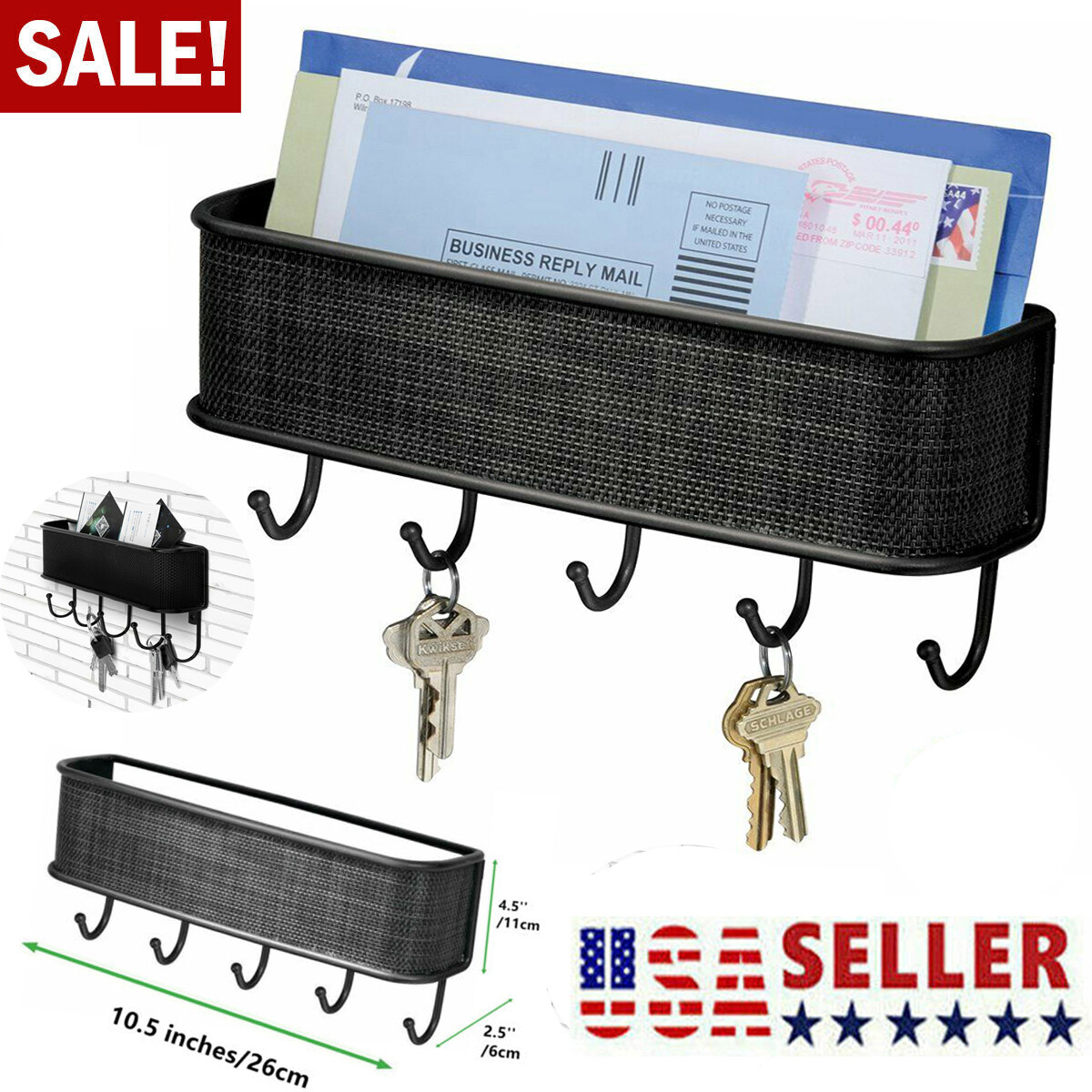 Wall-Mounted Key Holder & Mail Organizer with 5 Hooks – Entryway Storage & Decor