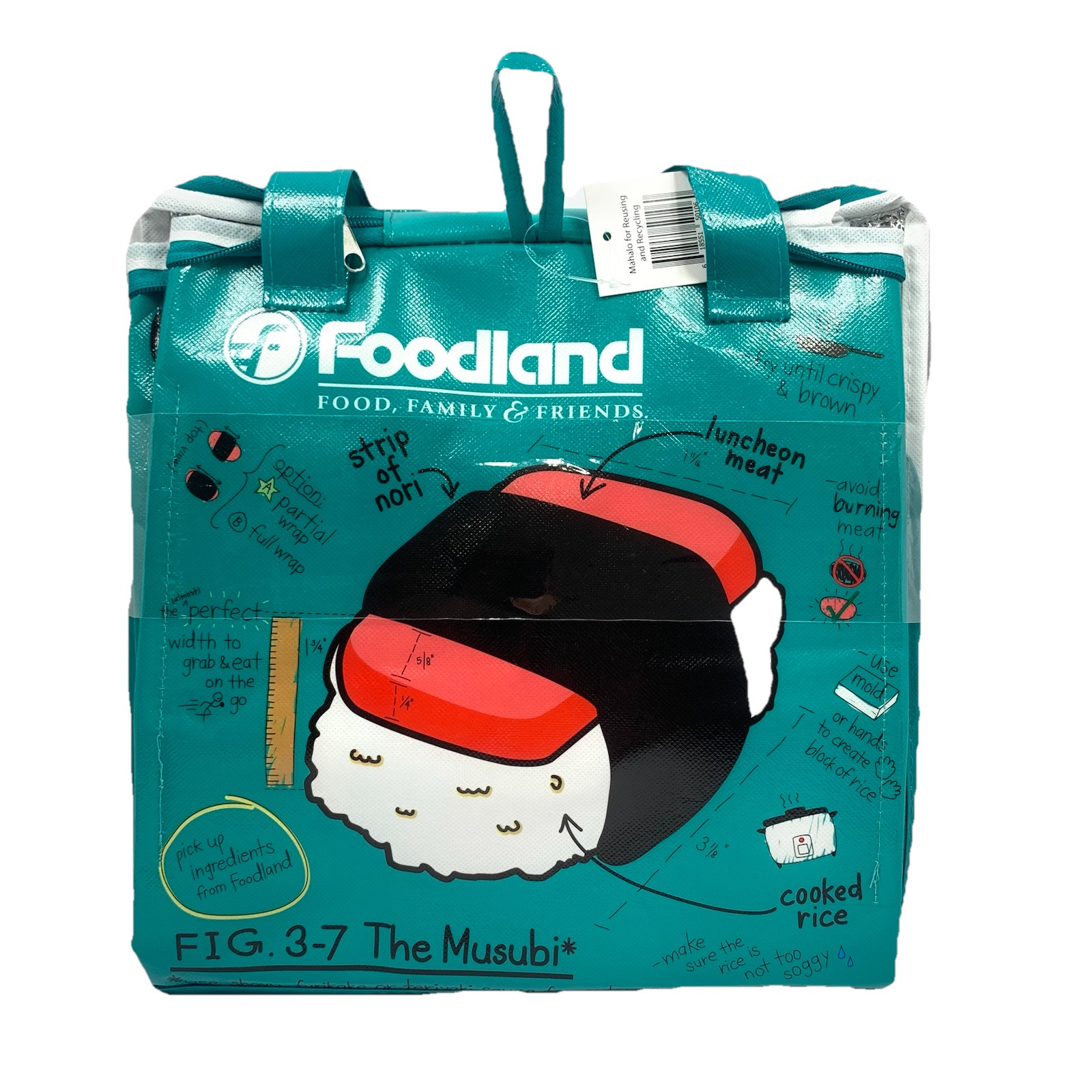 Hawai’i Foodland Insulated Reusable Grocery Tote Bag, The Musubi, 13”x12”x8.5”