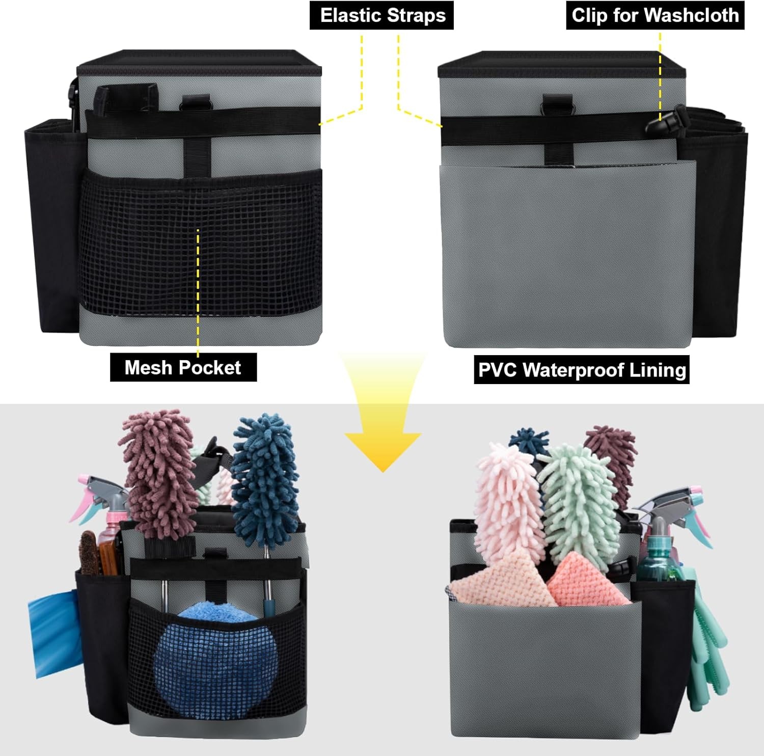 Wearable Cleaning Caddy Bag with Straps Black Gray for Housekeeper Supplies
