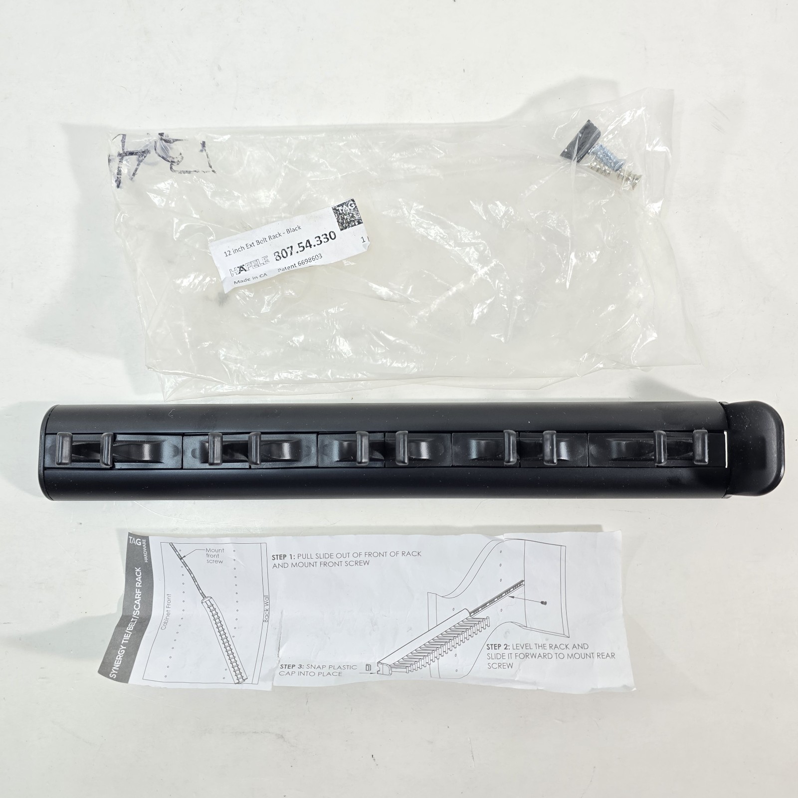 Hafele 807.54.330 TAG Synergy Belt Rack with Slide Aluminum Black Plastic 12″
