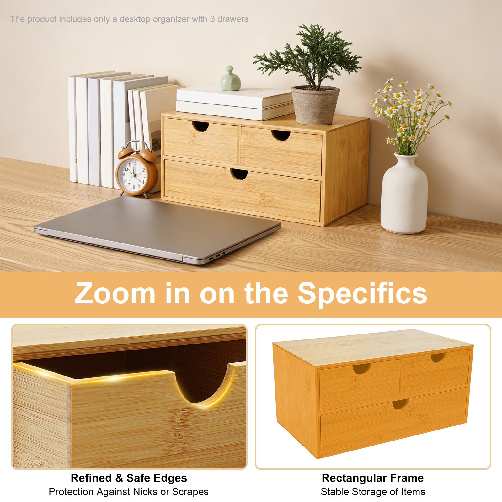 Bamboo Desk Organizer with 3 Drawers, Tabletop Storage Box No Assembly Required