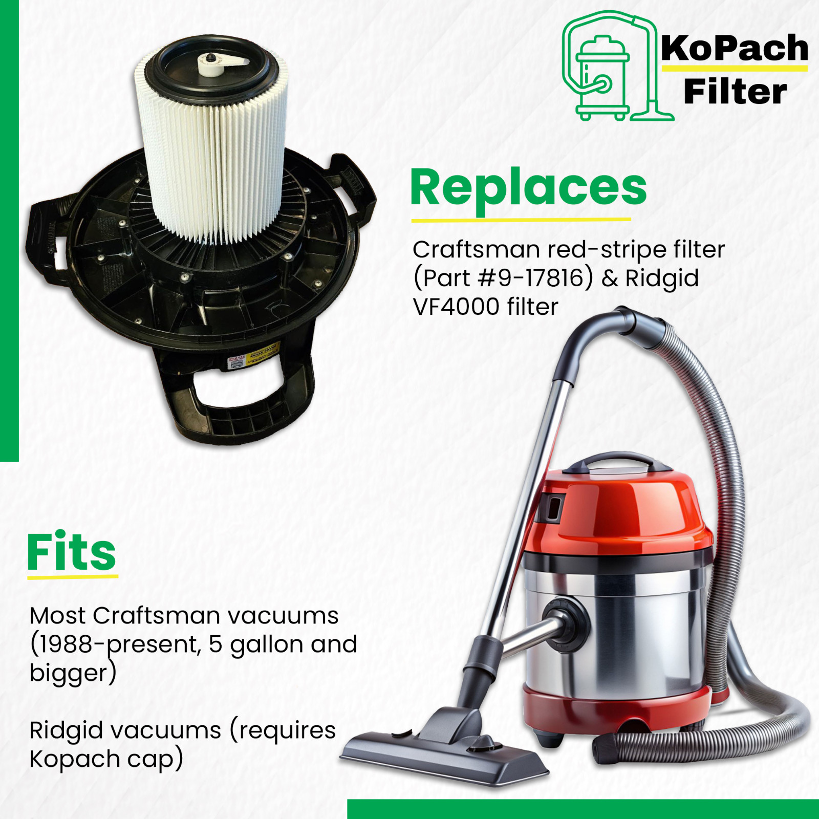 Craftsman & Ridgid Replacement Filter By Kopach, Part # 17816