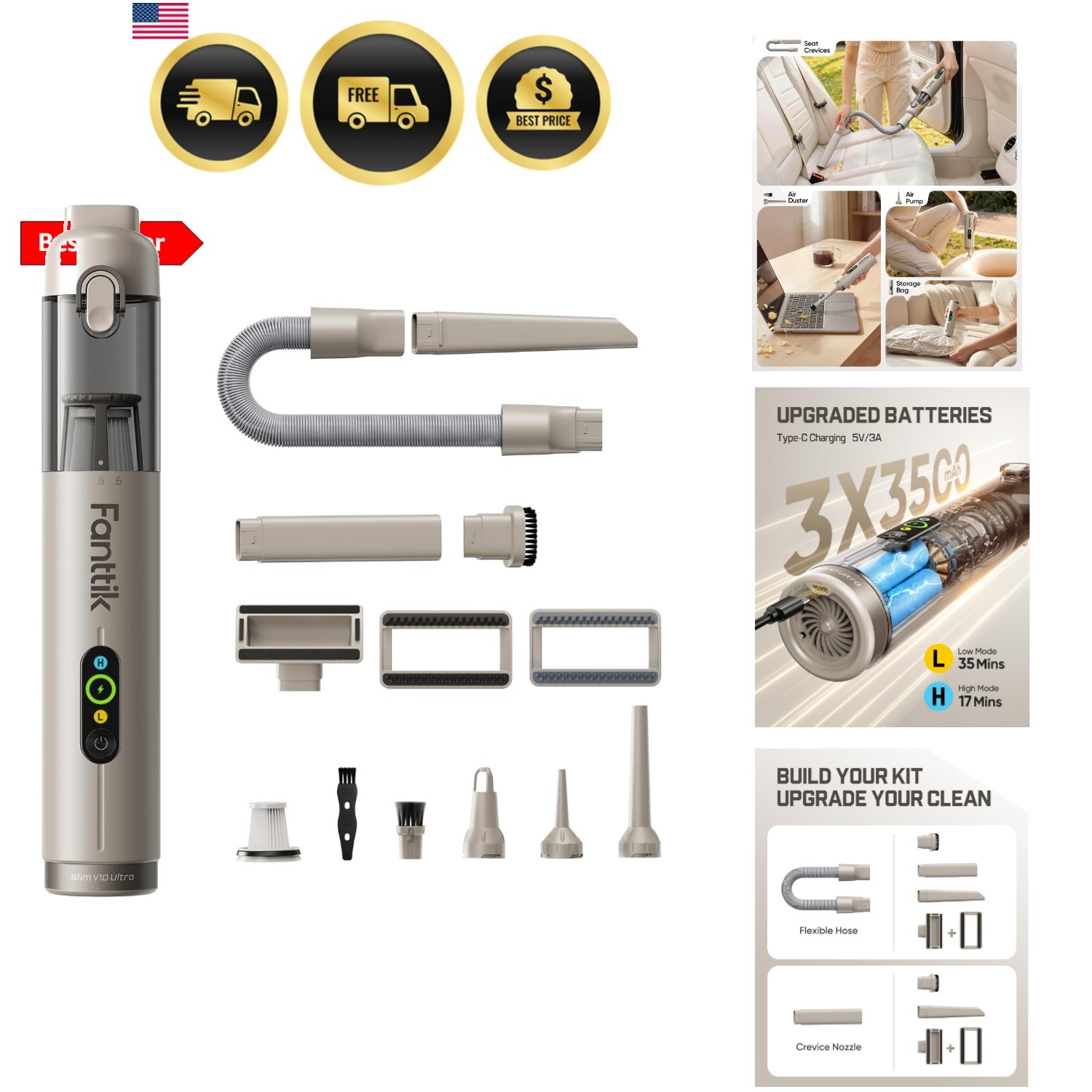 Slim V10 Ultra Cordless Car Vacuum, 4-in-1 Portable Mini Vacuum with 19kPa Su…