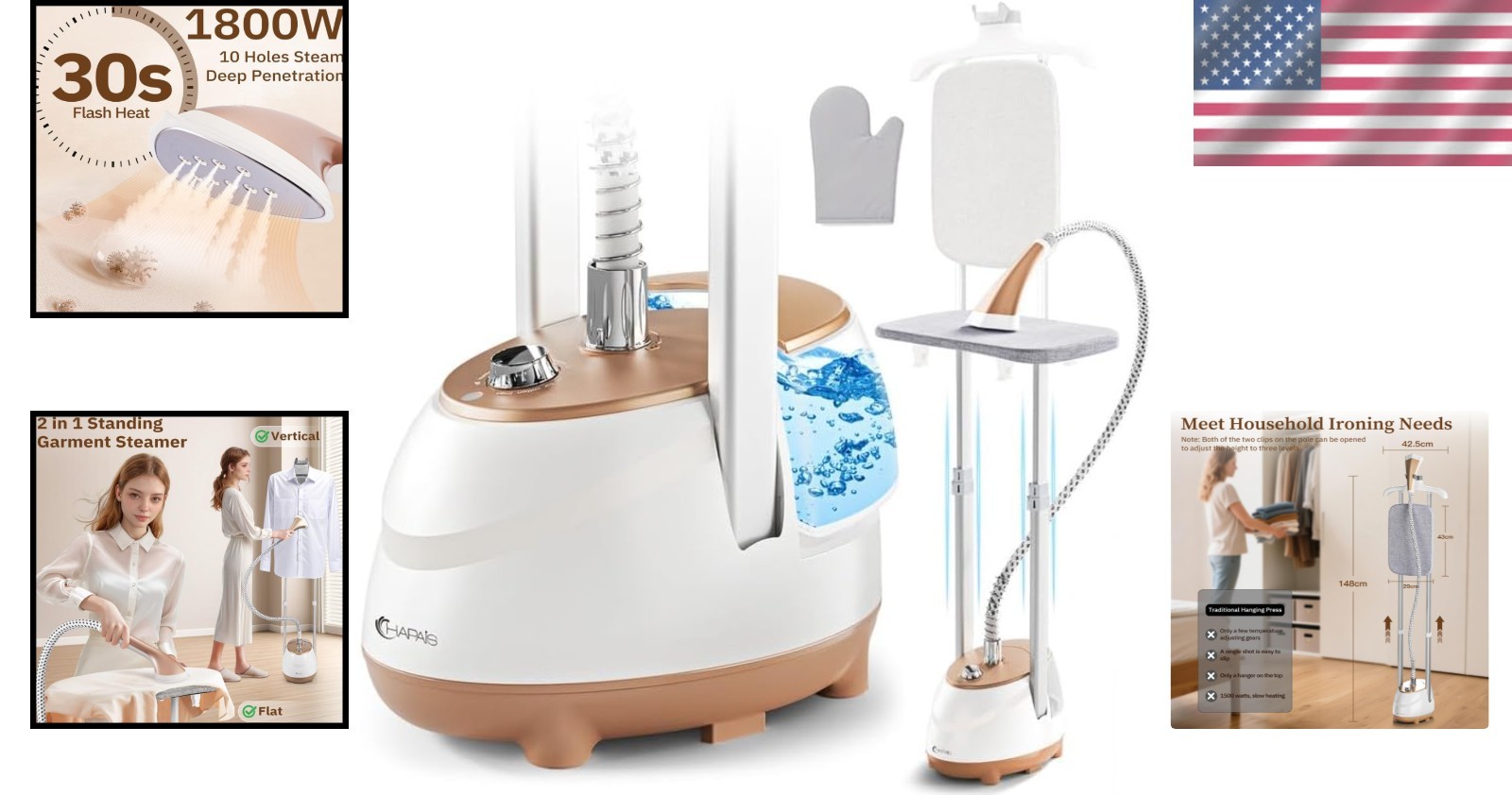 Clothes Steamer 1800W Standing Garment Steamer with Adjustable Double Rod