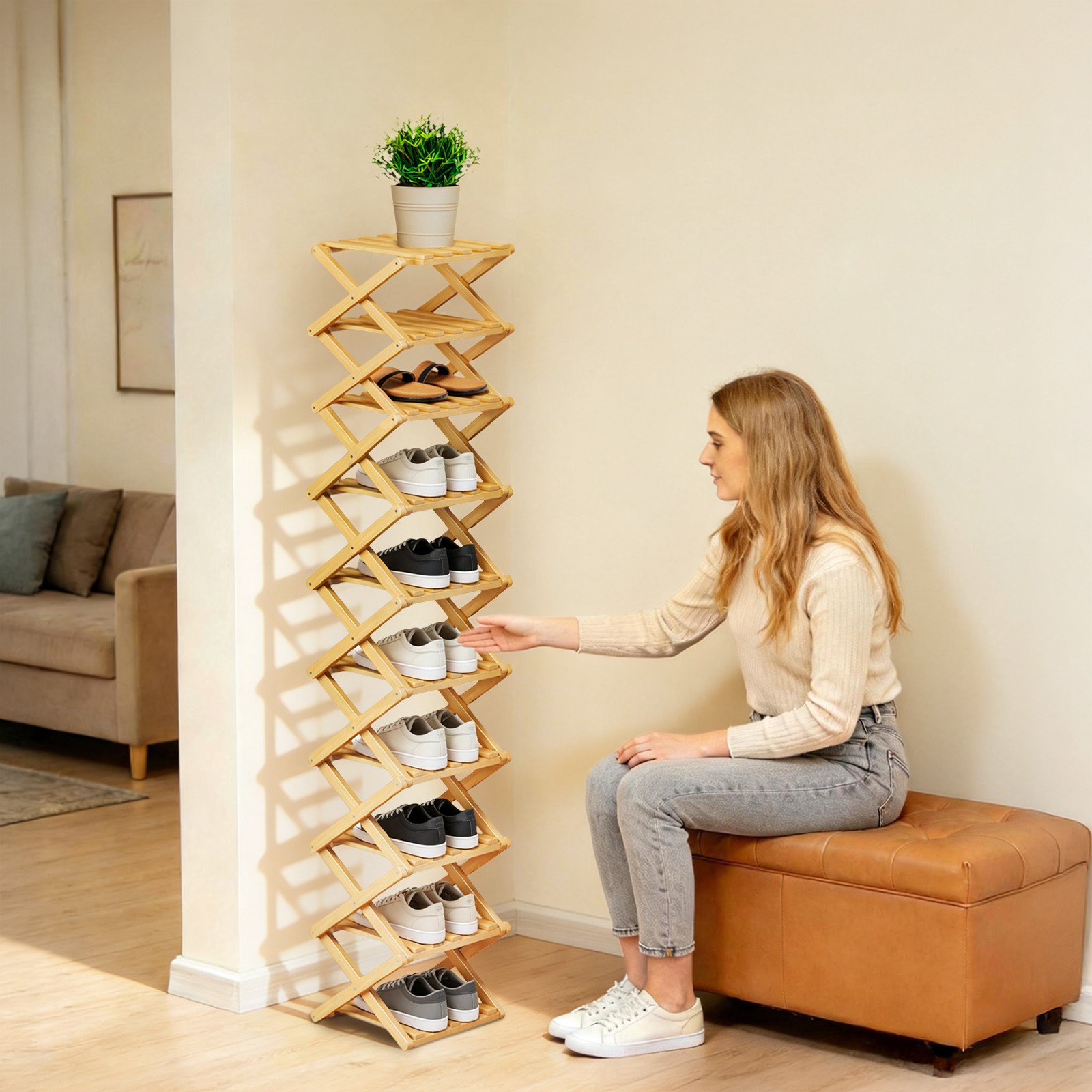 Bamboo Shoe Rack, Foldable Storage Rack, Space Saving Standing Shoe Organizer
