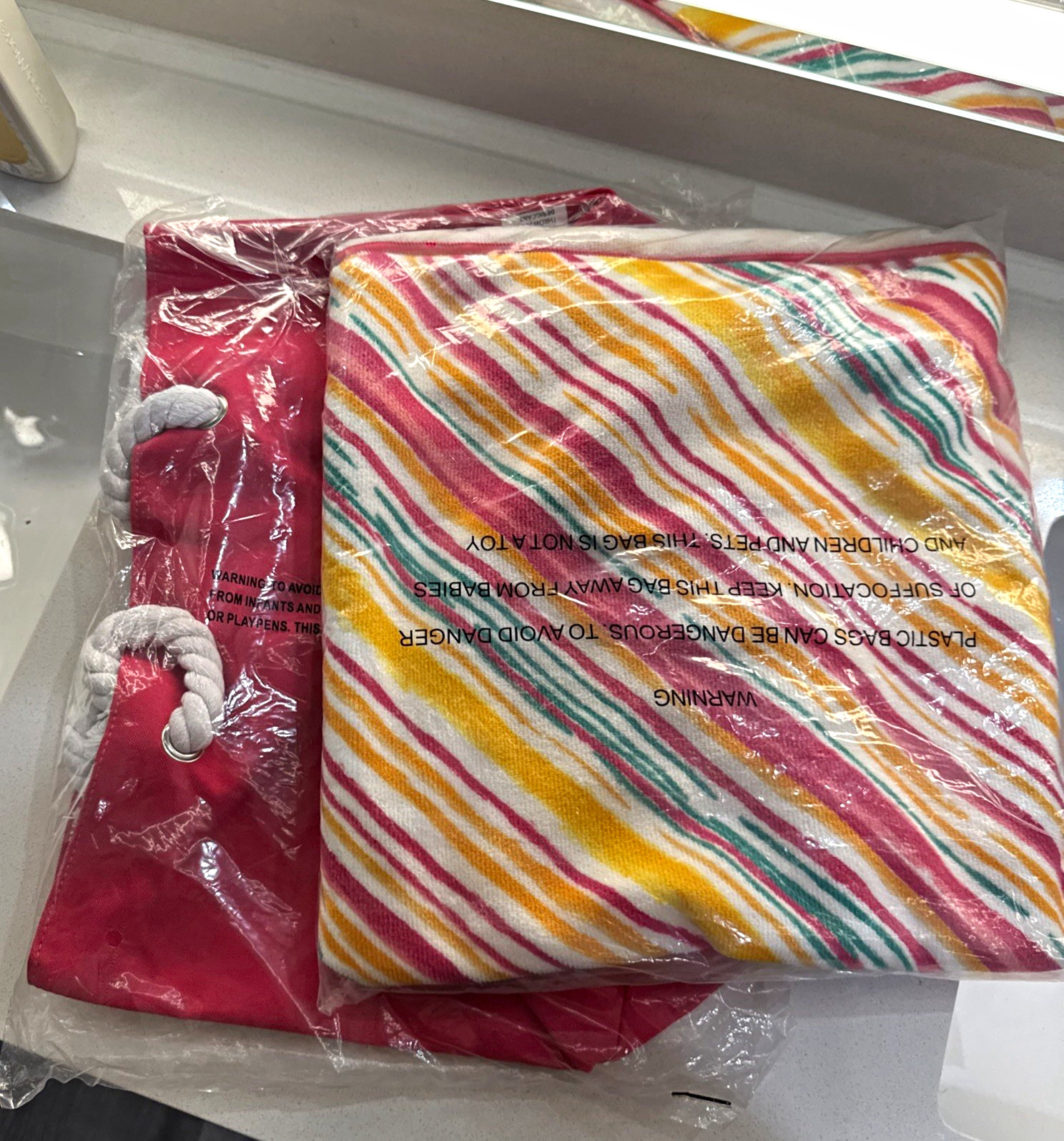 Reusable Shopping Bag Pink/Multicolor Striped w/ Matching Pouch 20x20x15