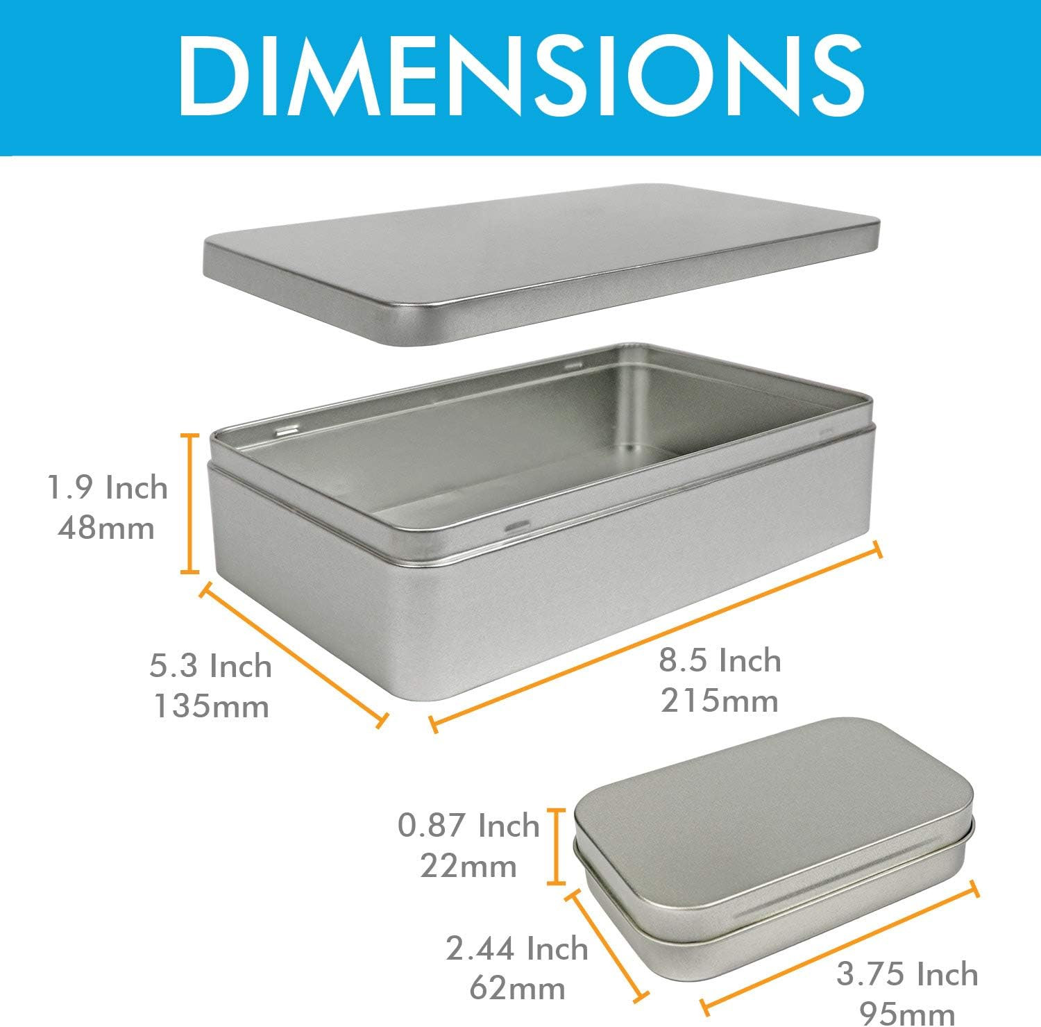 XL (8.5 X 5.3 X 1.9 In) Silver Metal Rectangular Empty Tin Box Containers for Gi