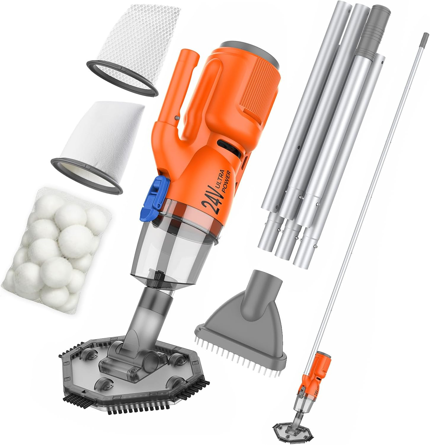 24V Cordless Handheld Pool Vacuum with 3-Stage 3D Micro-Filtration | 65W 43Kpa H