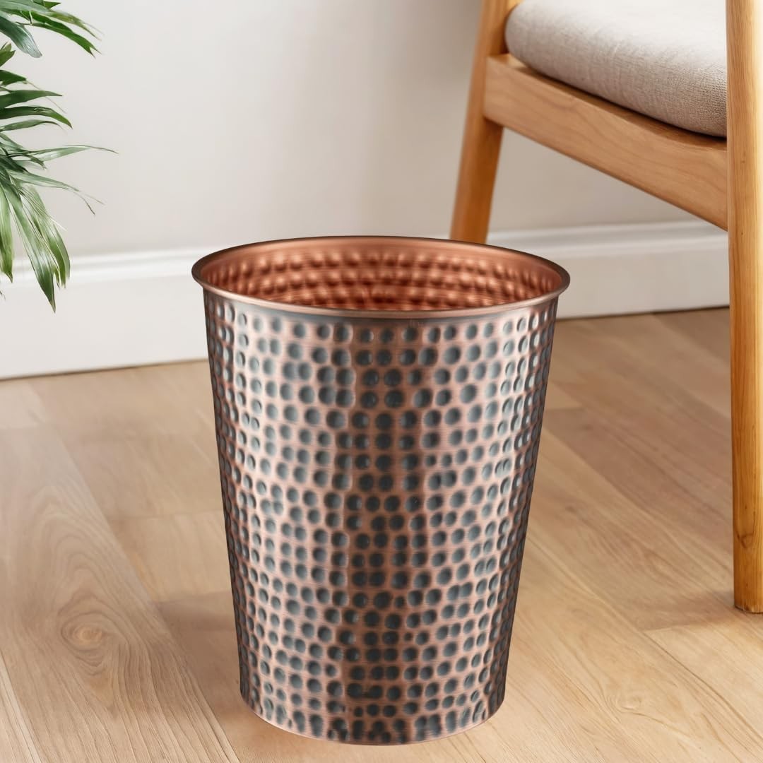 Hand Hammered Antique Copper Metal Small Bathroom Trash Can Wastebasket Bin