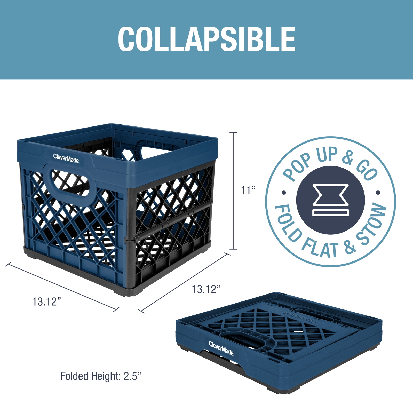 Collapsible Eco Plastic Milk Crate, Folding Storage Bin, 6.6 gal, Ocean Navy