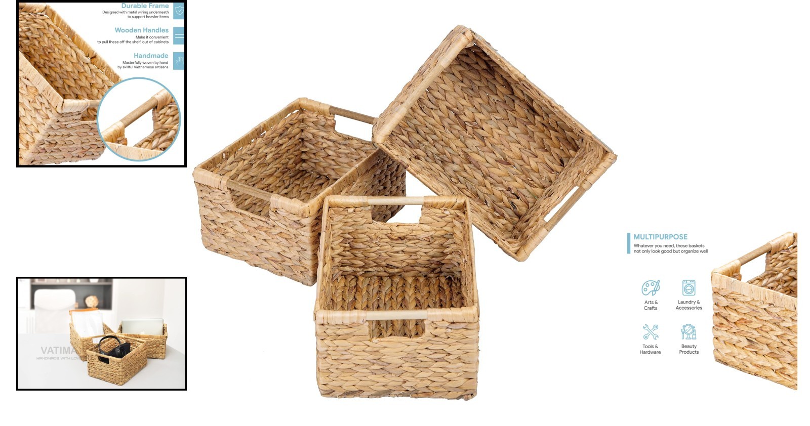 Elegant Water Hyacinth Wicker Baskets – Large Rectangular 3-Pack (14.5×10.3×7.5)