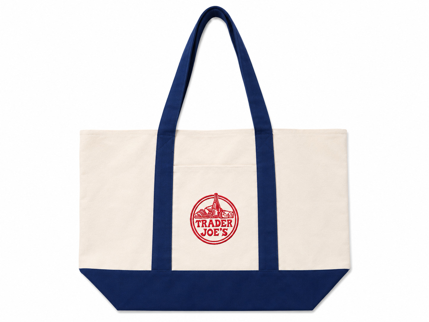 Trader Joe’s Large Reusable Canvas Tote Bag Cream Navy Blue Red Logo NWT