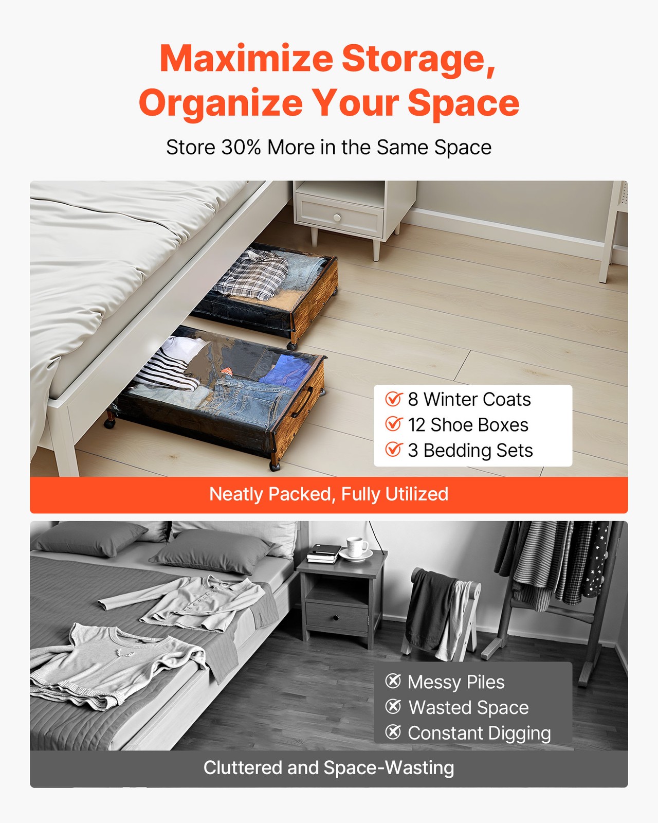 VEVOR Under Bed Storage with Wheels 25.6×18.1×7.1 Inch Rolling Storage Bags