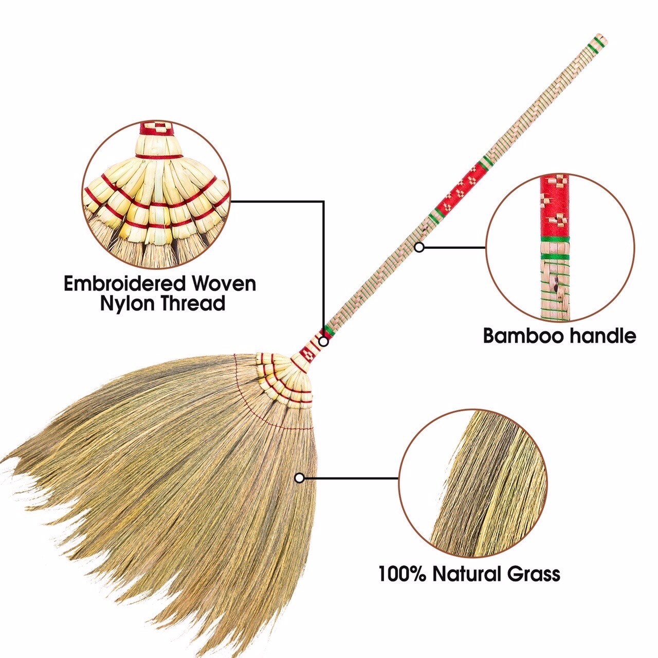 Authentic Grass Broom Bamboo Grass Full Embroidery Woven Thread Handle Handmade