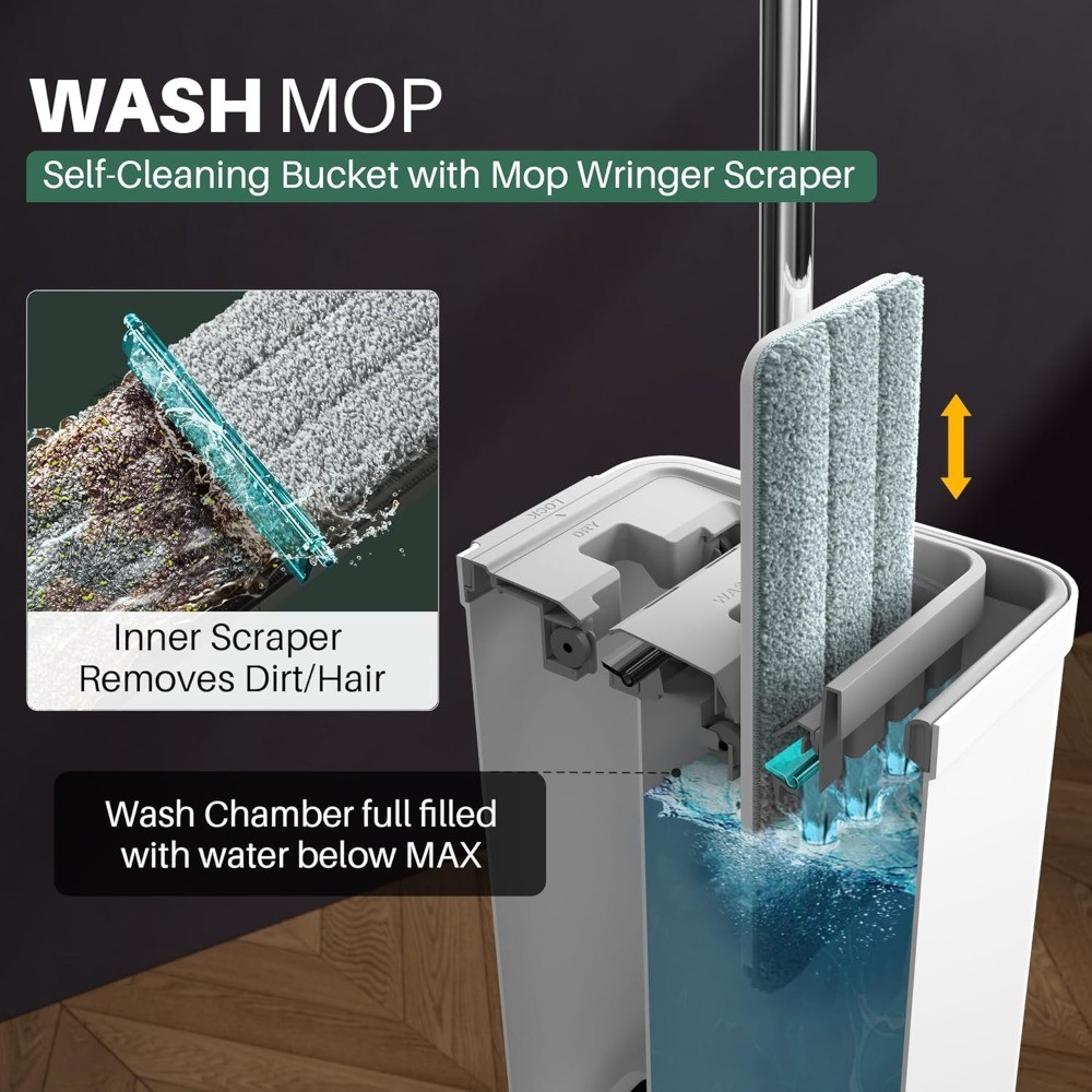 Mop and Bucket Set with Wringer, Flat Mops for Floor Cleaning, Wall Mop Cleaner