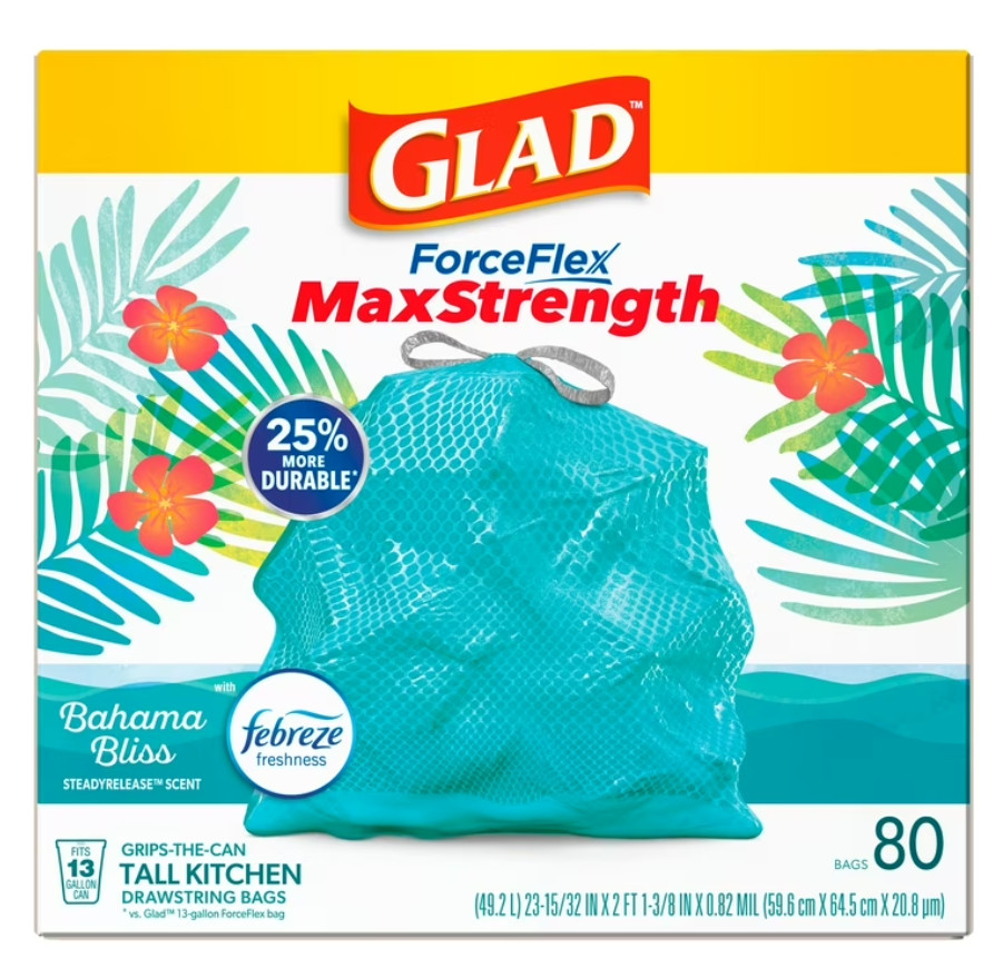 Glad ForceFlex MaxStrength Tall Kitchen Drawstring Trash Bags, 13 Gallon, Bahama