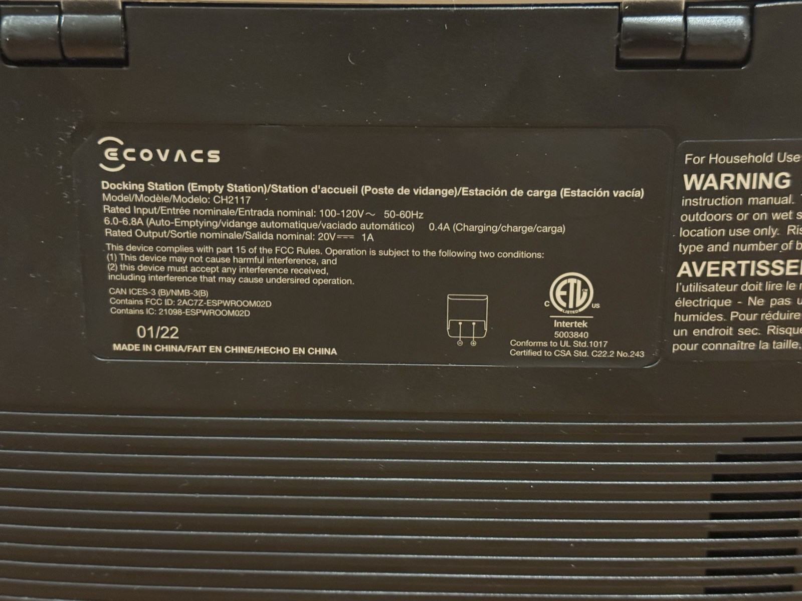 ECOVACS DEEBOT X1 Plus Docking Station (Empty Station CH2117)
