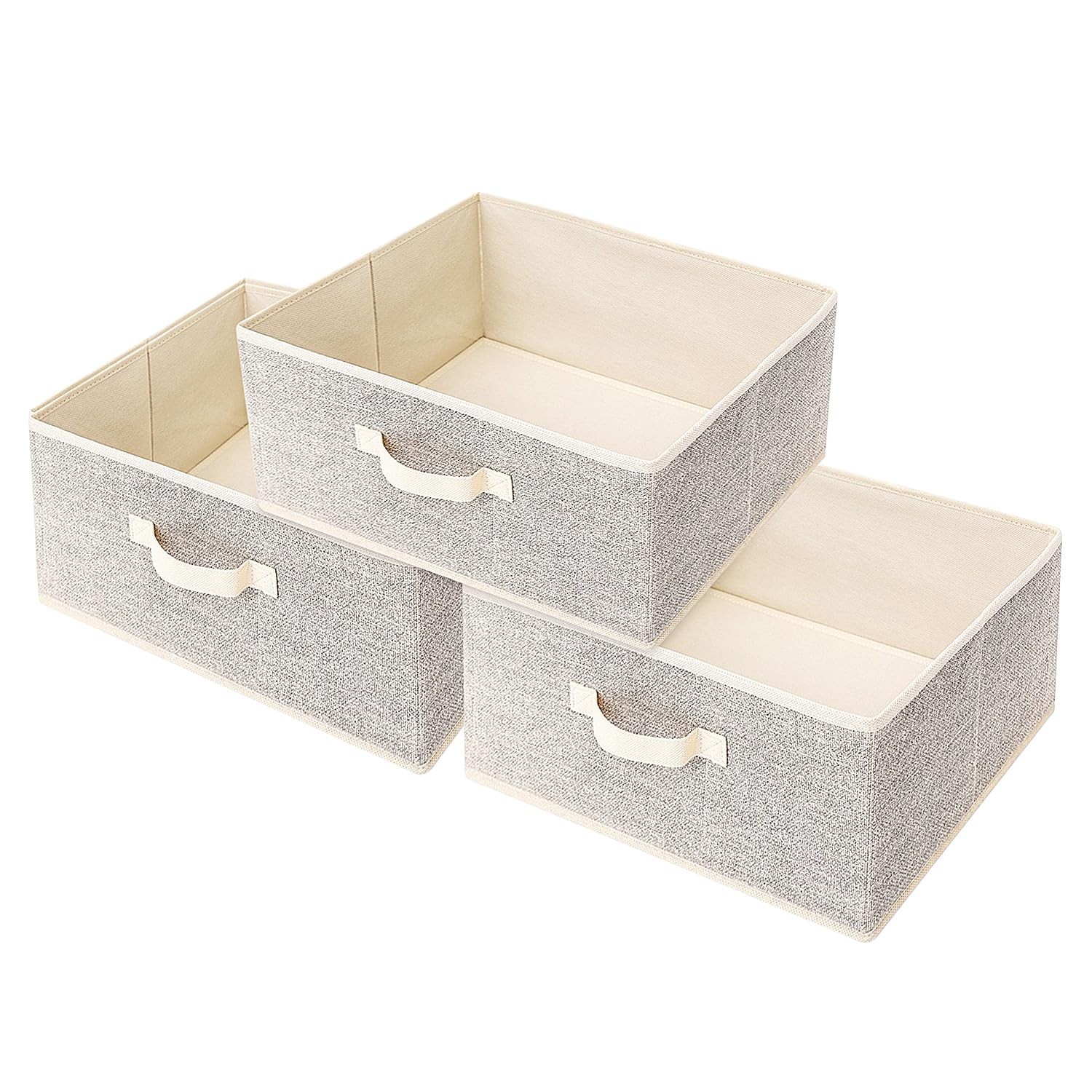 3 PCS Beige 15.7-in Woven Fabric Bins, 15.7x11x7.8-in, Handles, Foldable