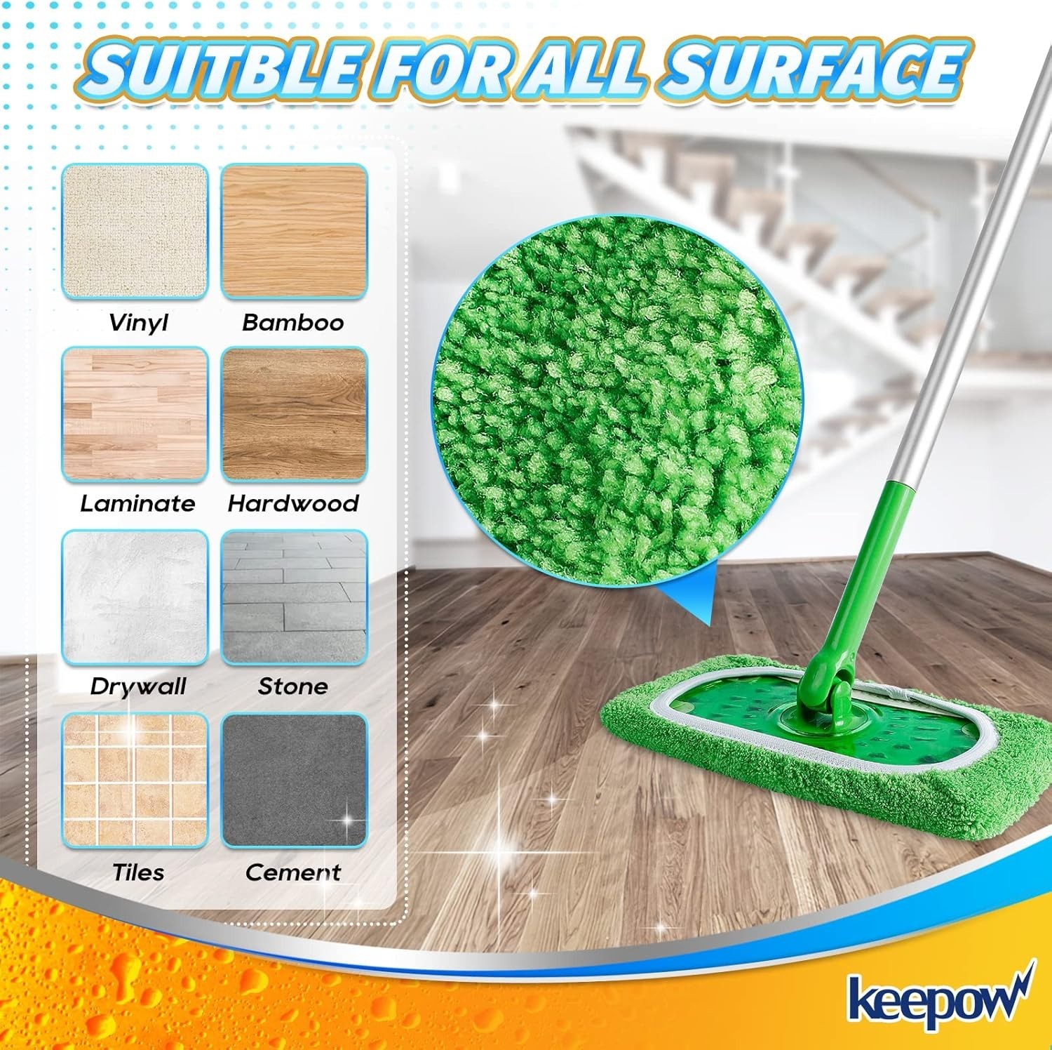 KEEPOW Reusable Microfiber Mop Pads for Swiffer Sweeper Mop, – 2 Pack