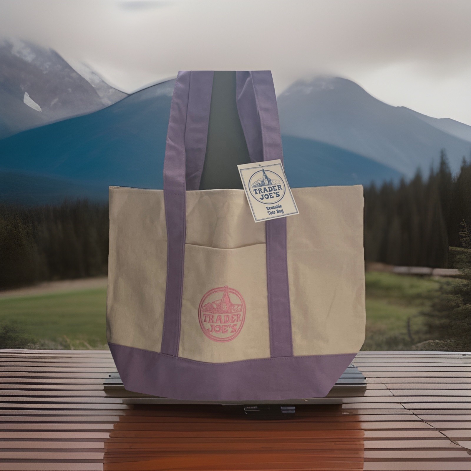 Trader Joe’s Foldable Reusable Tote Bag Beige Purple Solid Plain