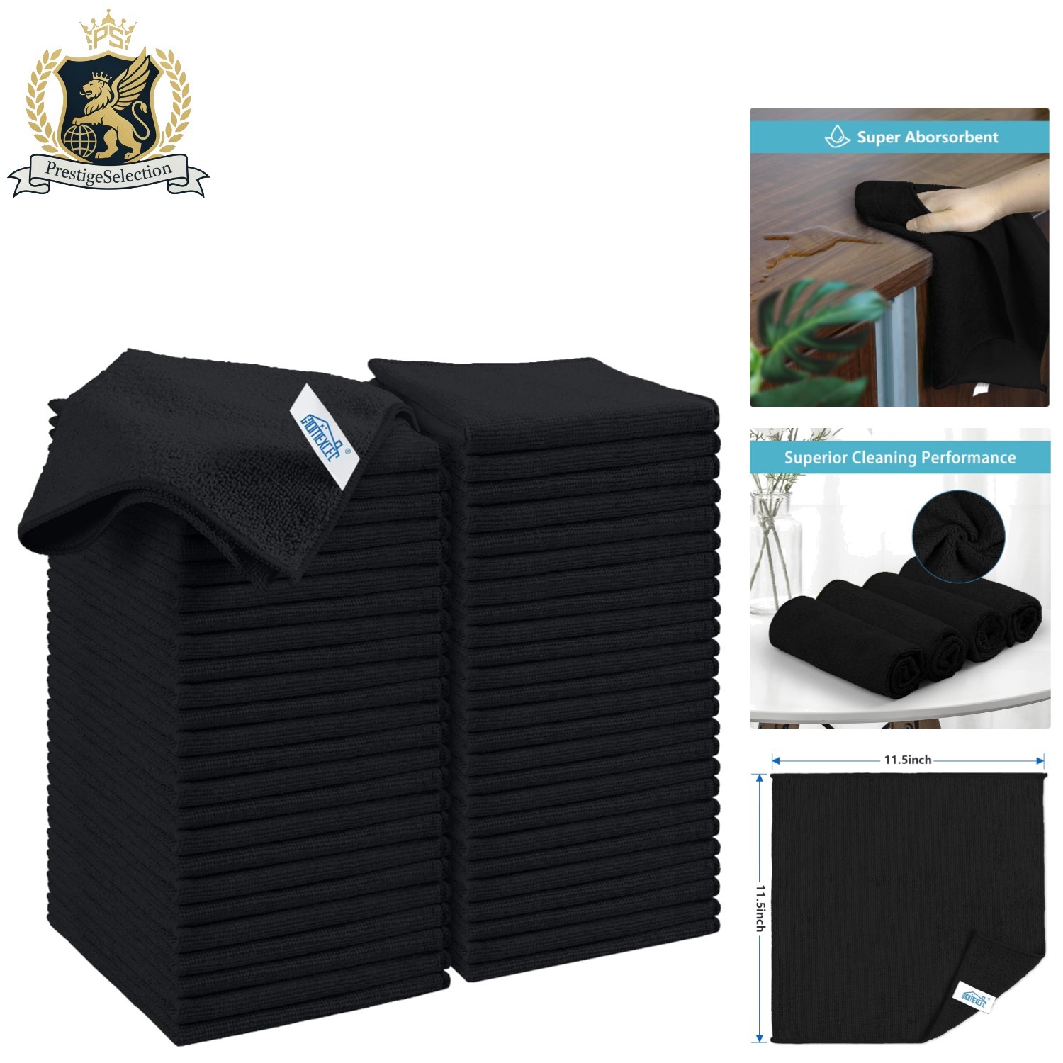 Classic Black 50PK Microfiber Cleaning Cloths 11.5in | Perfect for Kitchen & Car