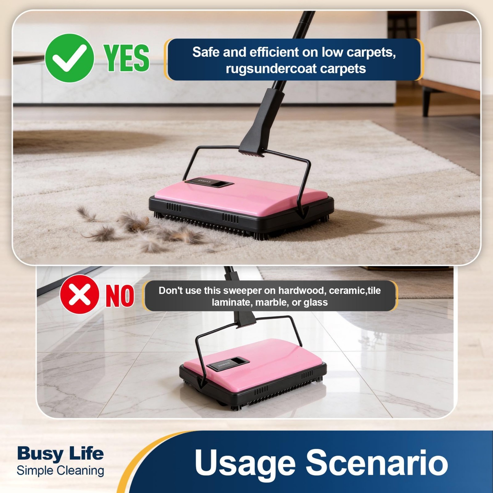 Manual Carpet Sweeper Cleaner – Lightweight Handheld Non-Electric for Rugs, Pet