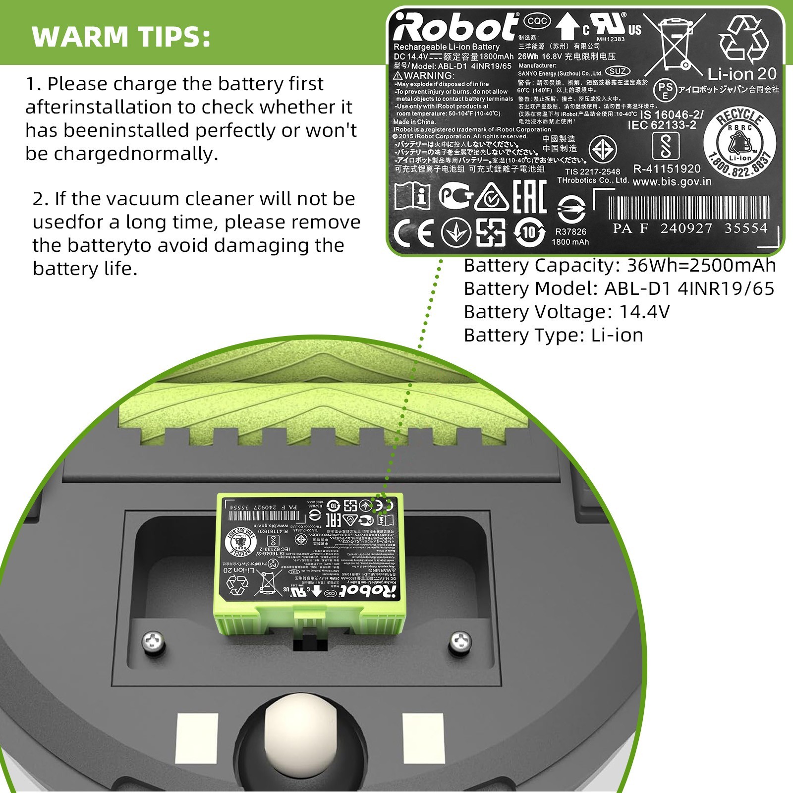 Lot OEM Battery ABL-D1 for iRobot Roomba e5 e6 i1 i2 i3 i4 i5 i6 i7 i8 j5 j6 j7+