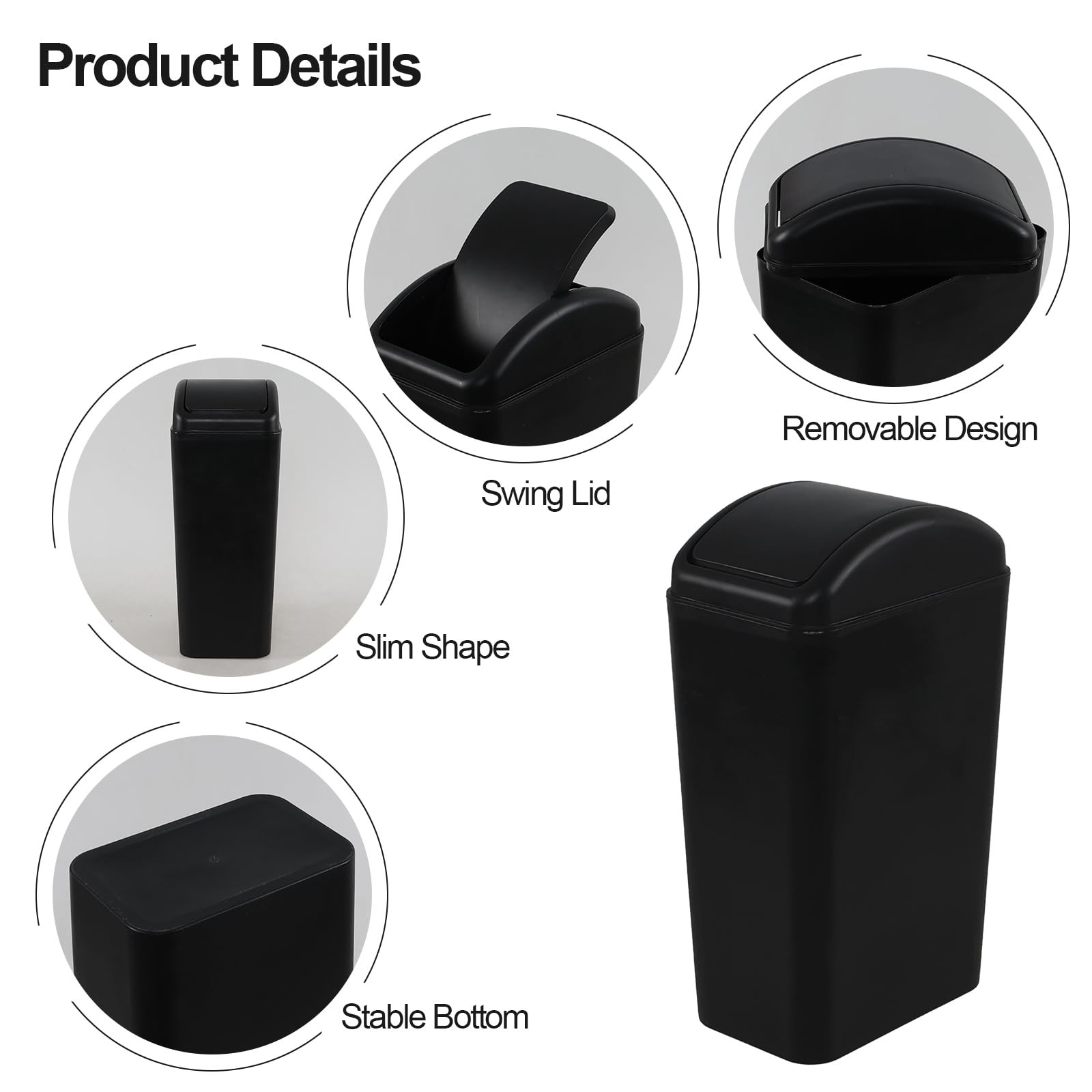 Black 12 L 3.5 Gallon Garbage Trash Can Swing Lid Slim Plastic Bin