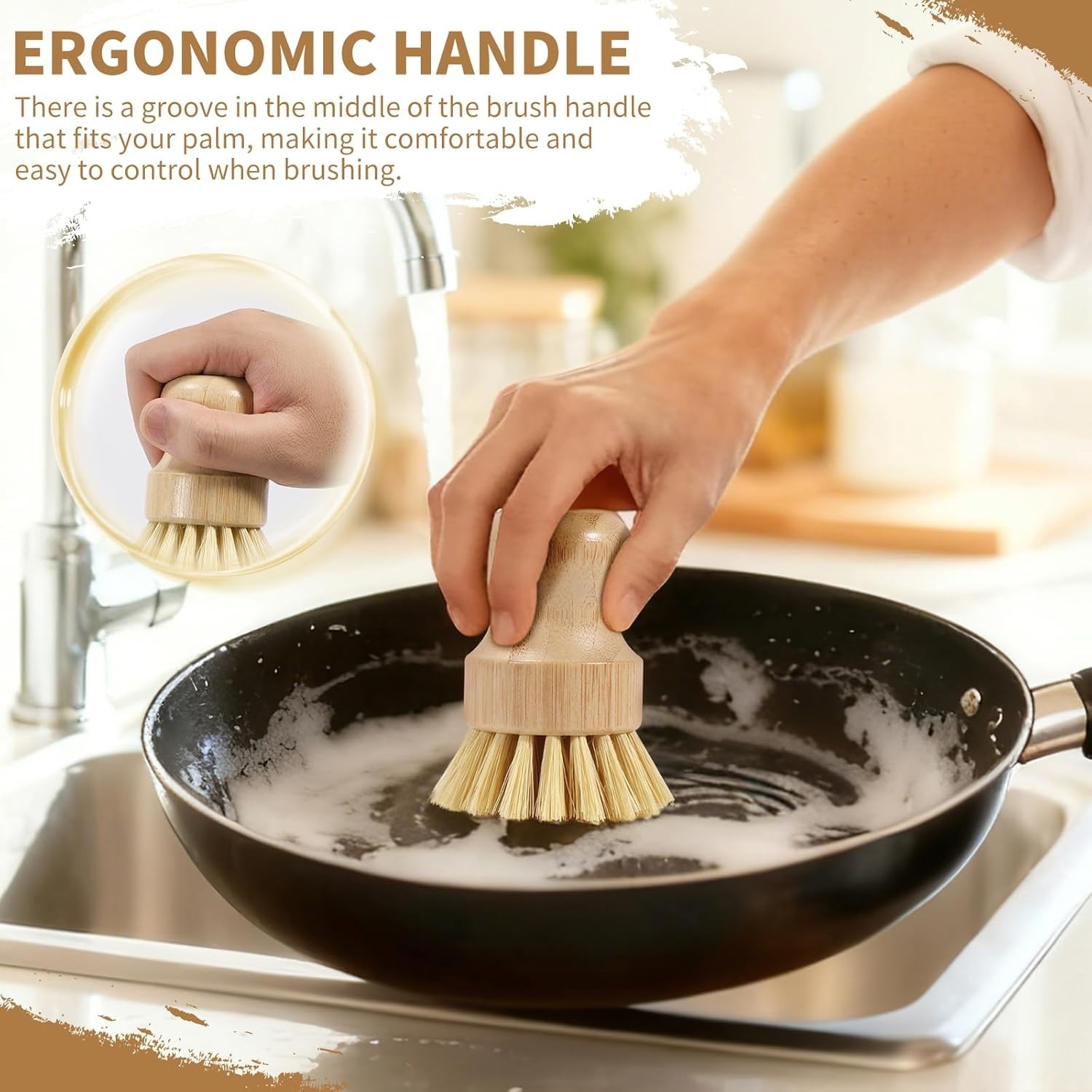 4 Pack Bamboo Dish Brush Set Natural Palm Dish Scrubber for Pots and Vegetables