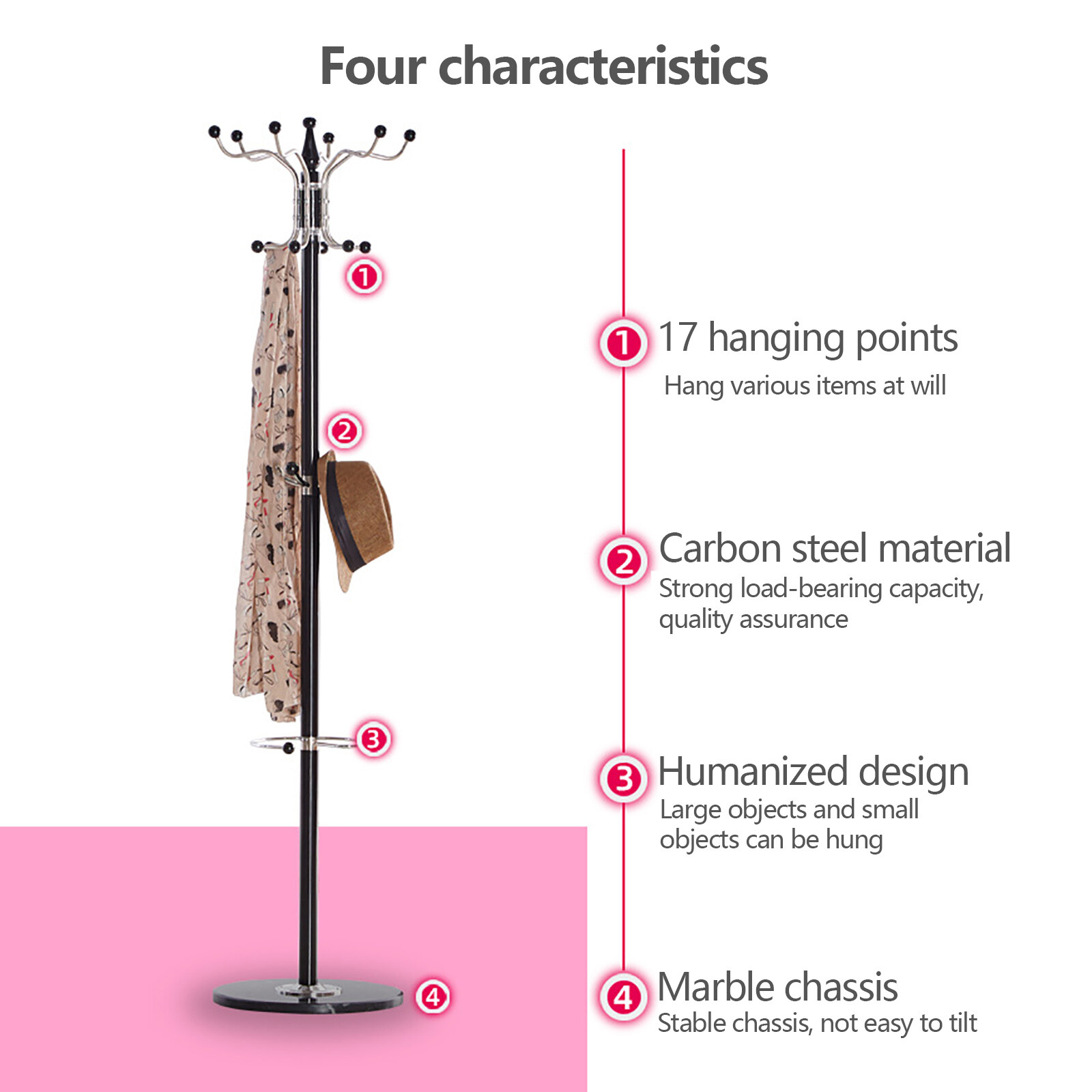 Coat Rack 16 Hooks 4 Levels Hat Jacket Stand Tree Holder Hanger Rack Marble Base