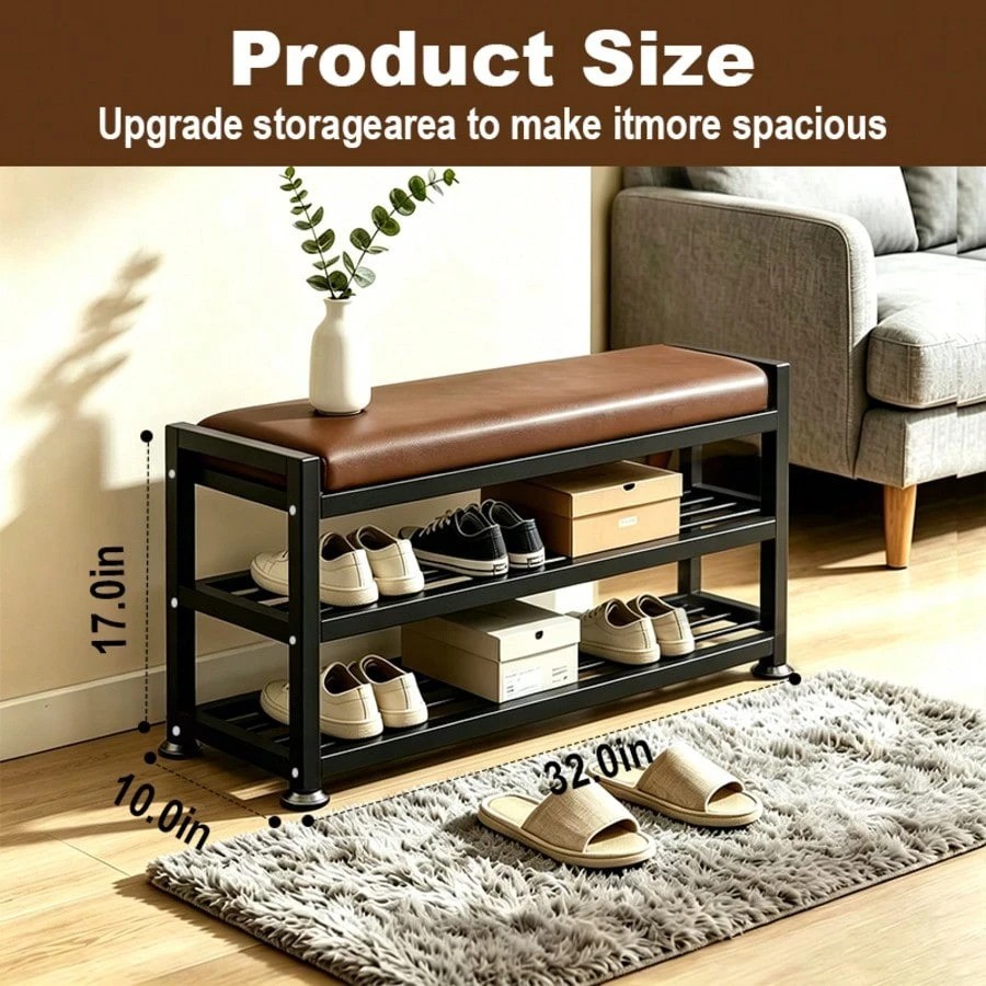 Entryway Shoe Bench 2-Tier Rack Padded Seat Brown 32in Storage Organizer
