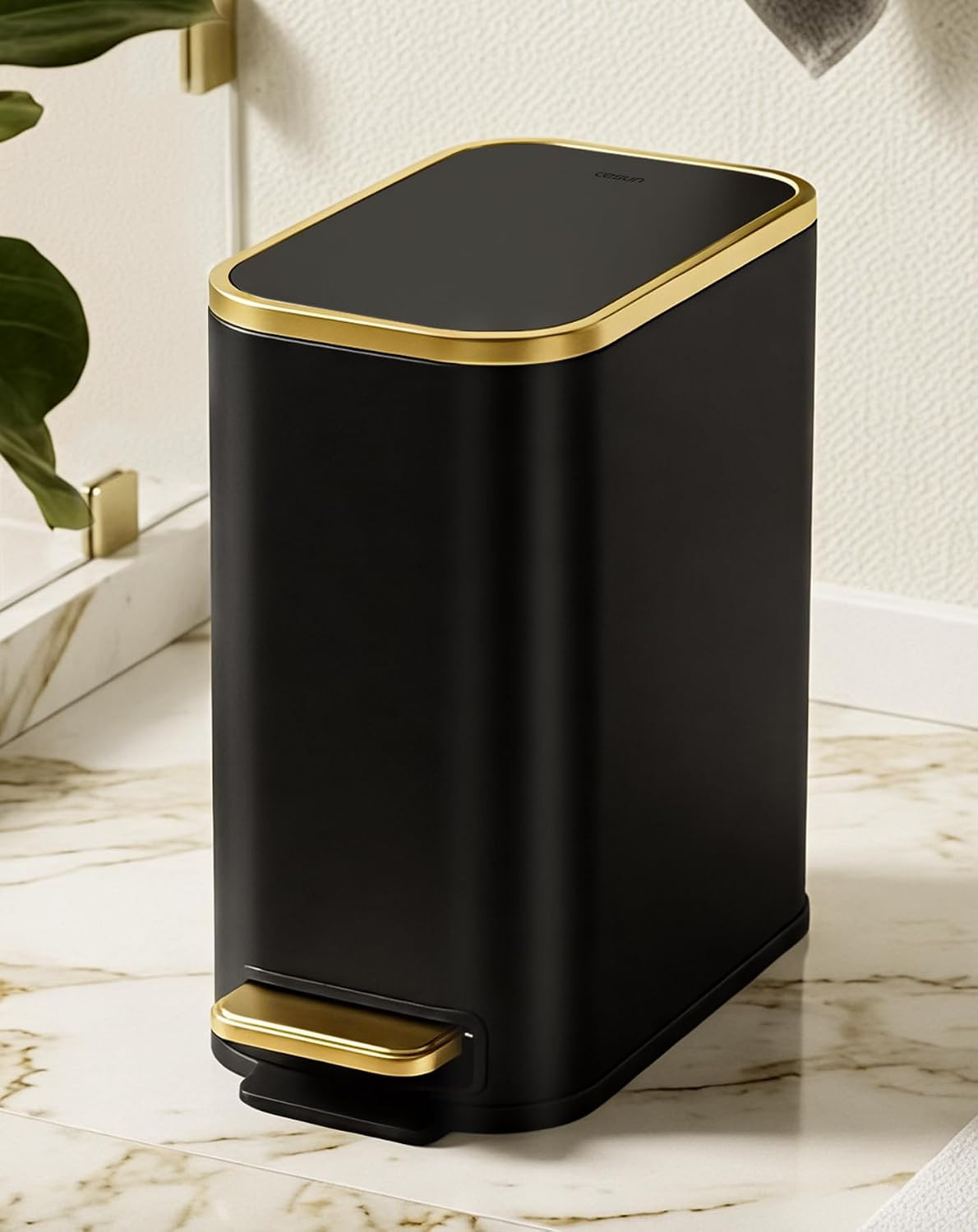 1.3 Gallon 5L Small Bathroom Trash Can with Lid Soft Close Black Gold