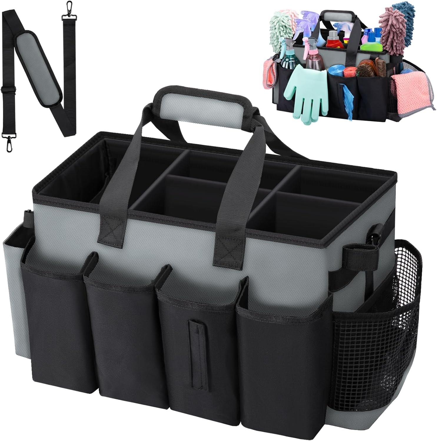 Wearable Cleaning Caddy Bag with Straps Black Gray for Housekeeper Supplies